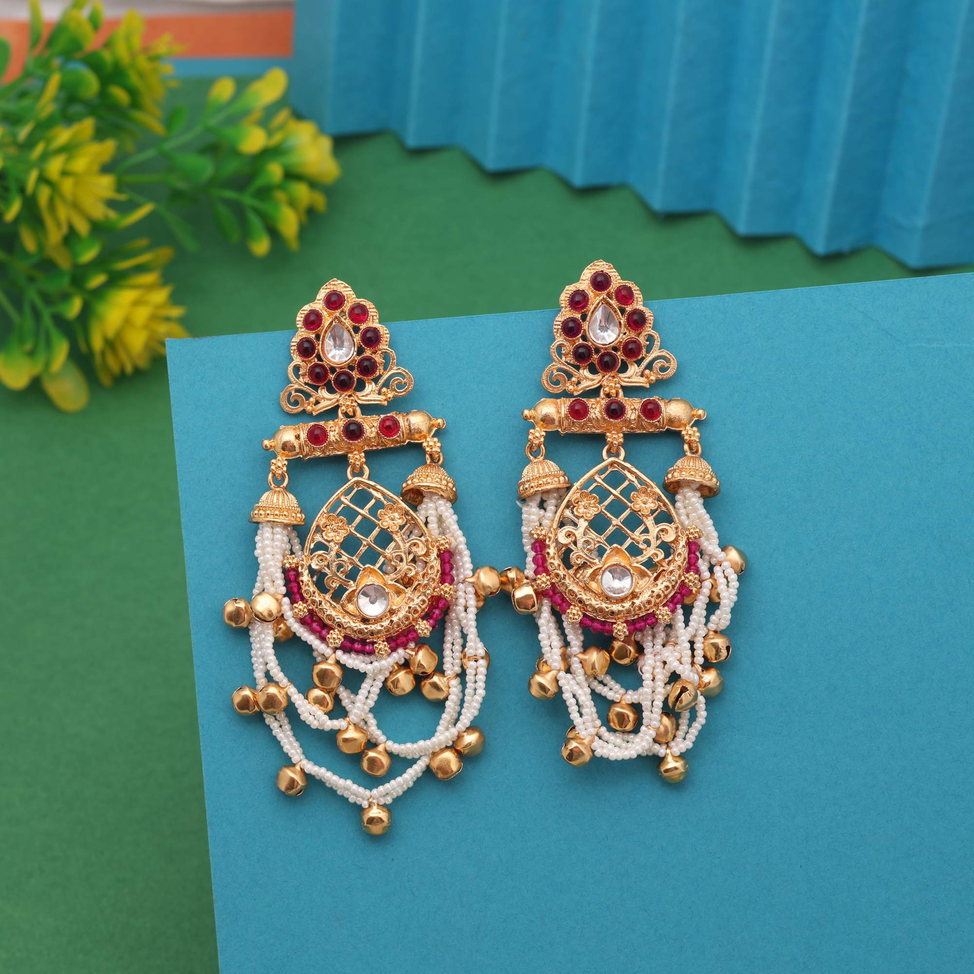 Rani Color Royal Festival Wear Long Kashmiri Earrings For Traditional Occasions