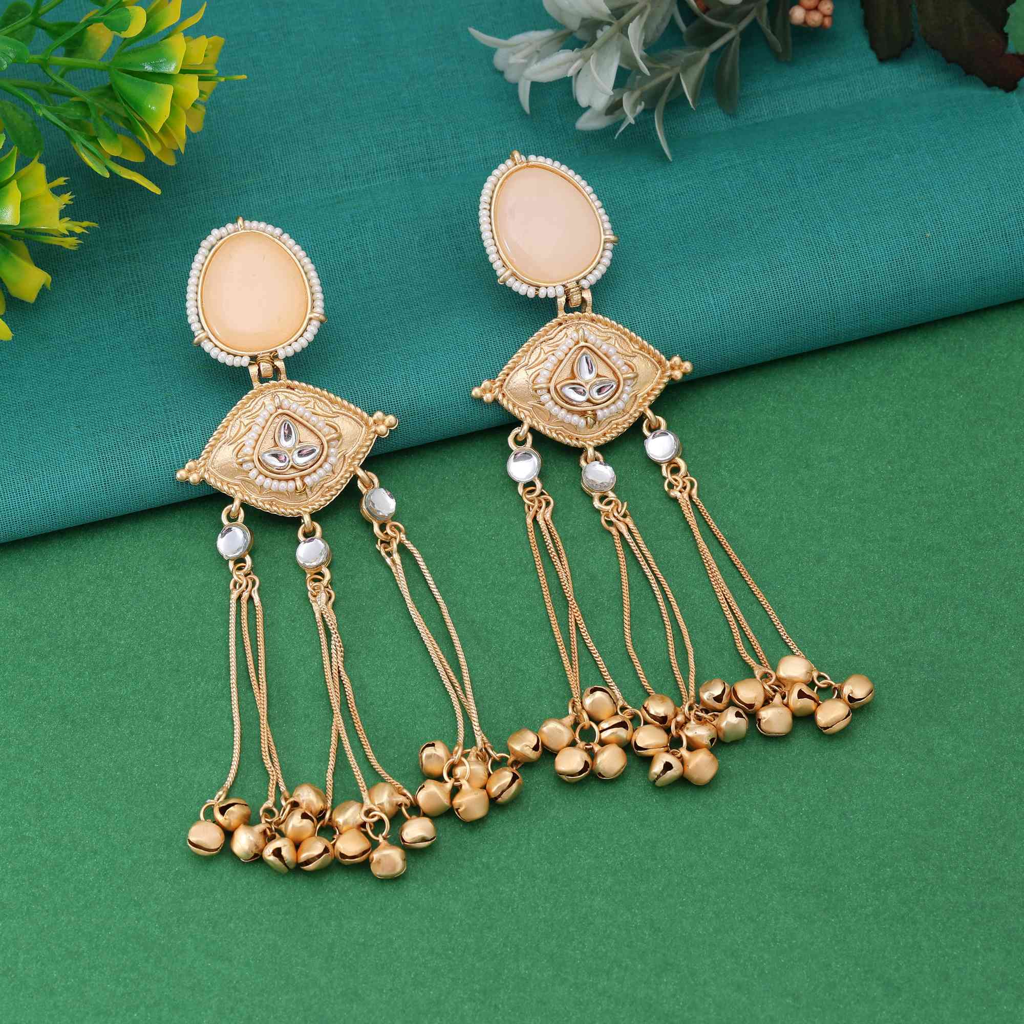 Peach Color Pretty Traditional Long Kashmiri Earrings For Women And Brides