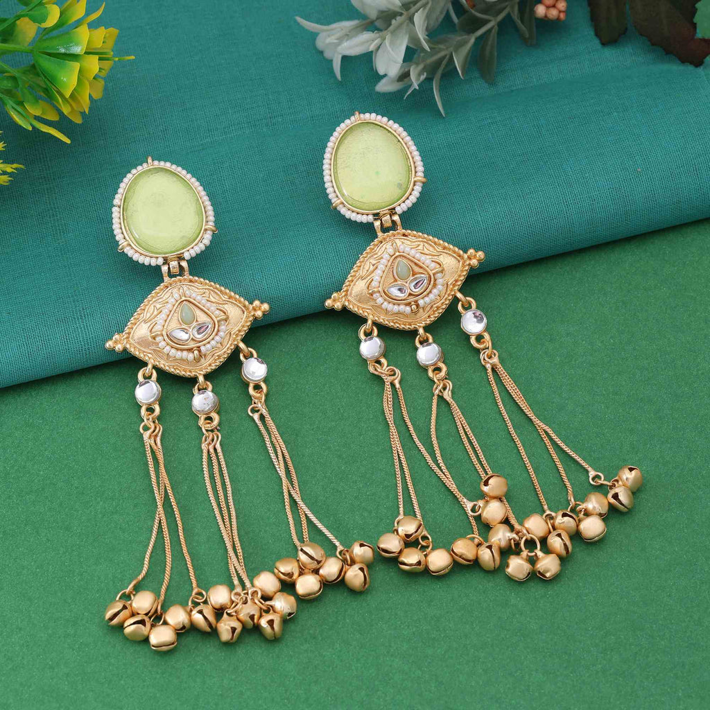 Pista Green Color Handcrafted Long Kashmiri Earrings For Elegant Indian Look