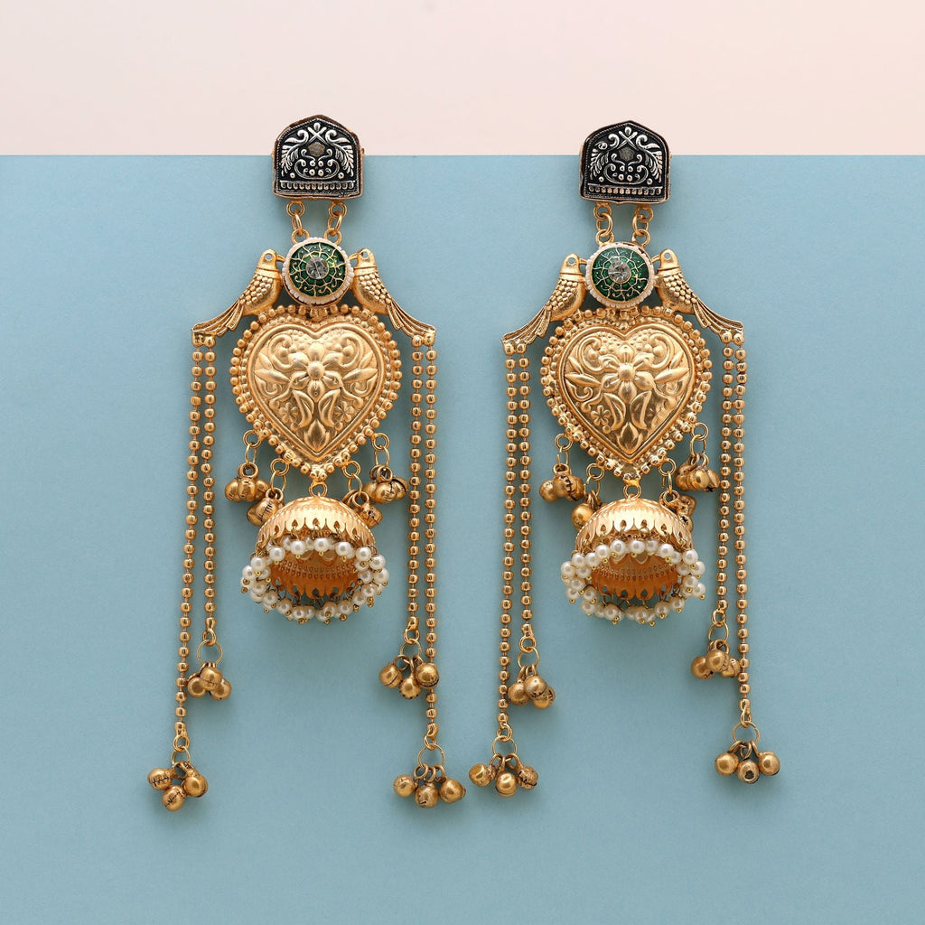 Gold Color Long Kasmiri Earrings Crafted With Elegant Detailing For Timeless Festive Beauty