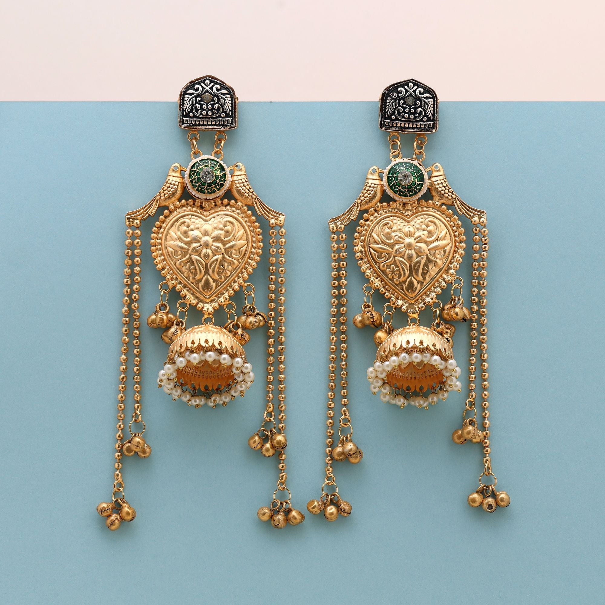 Gold Color Long Kasmiri Earrings Crafted With Elegant Detailing For Timeless Festive Beauty