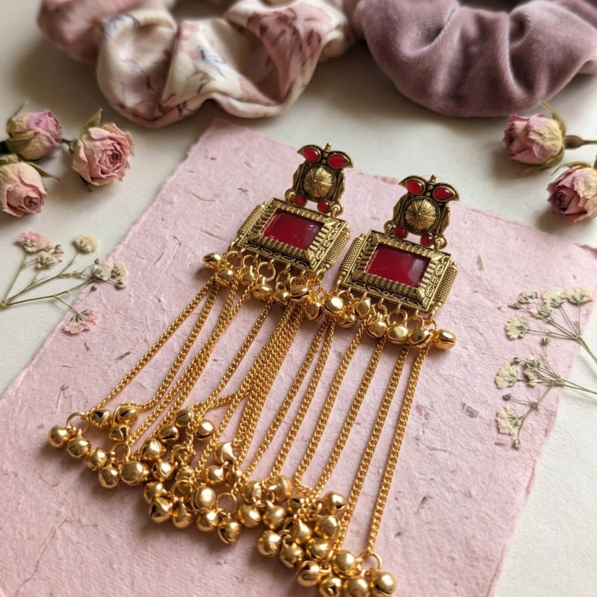 Red Color Bridal Long Kashmiri Earrings