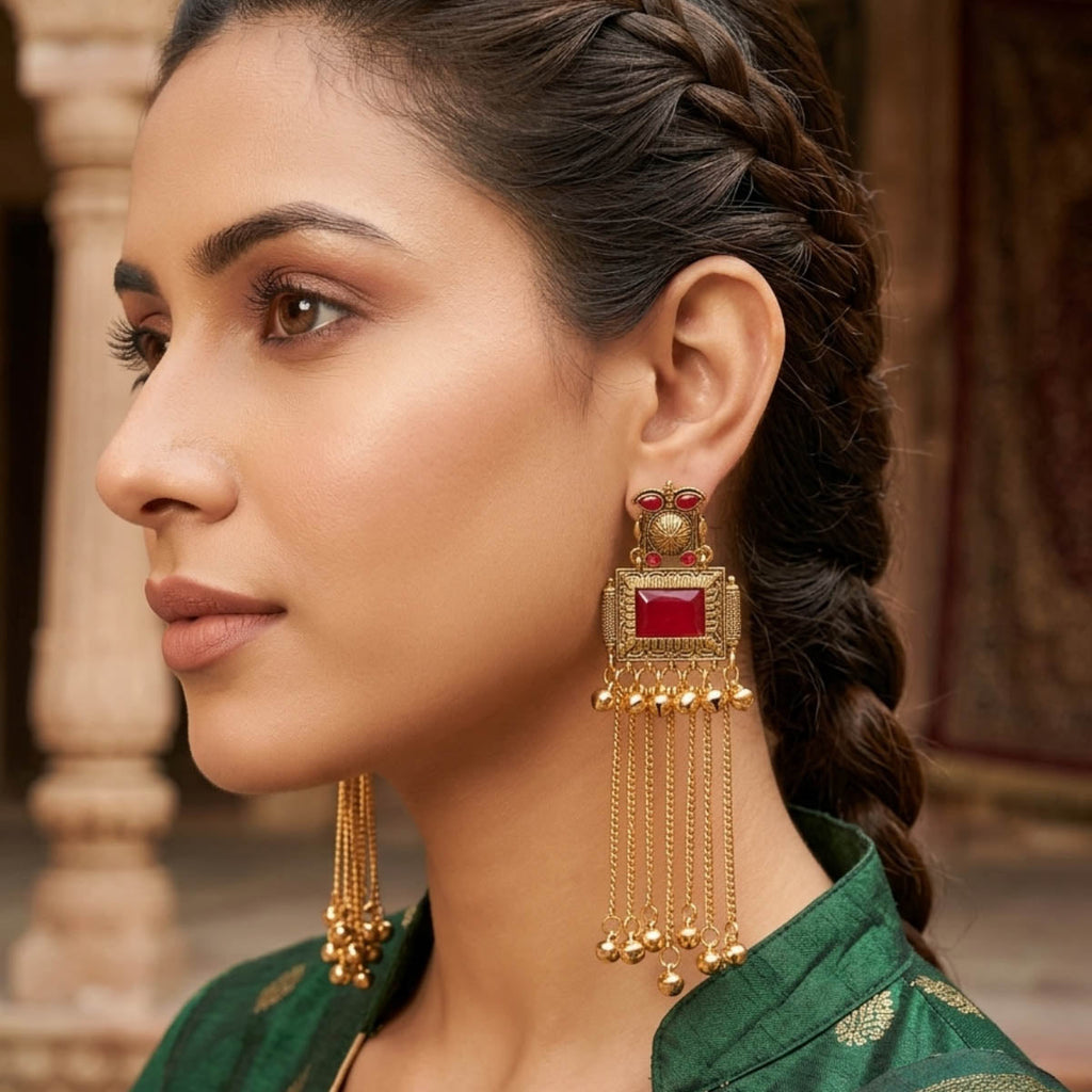 Red Color Bridal Long Kashmiri Earrings