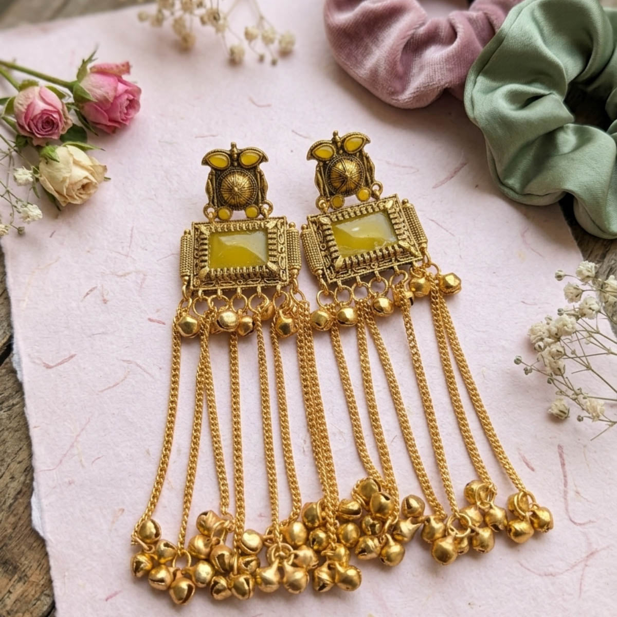 Yellow Color Traditional Long Kashmiri Earrings