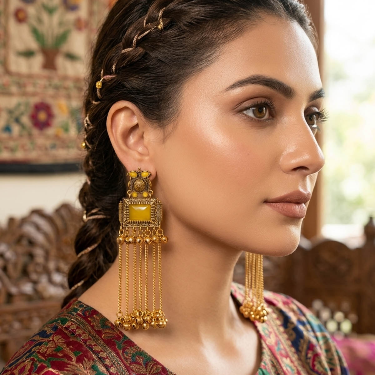 Yellow Color Traditional Long Kashmiri Earrings