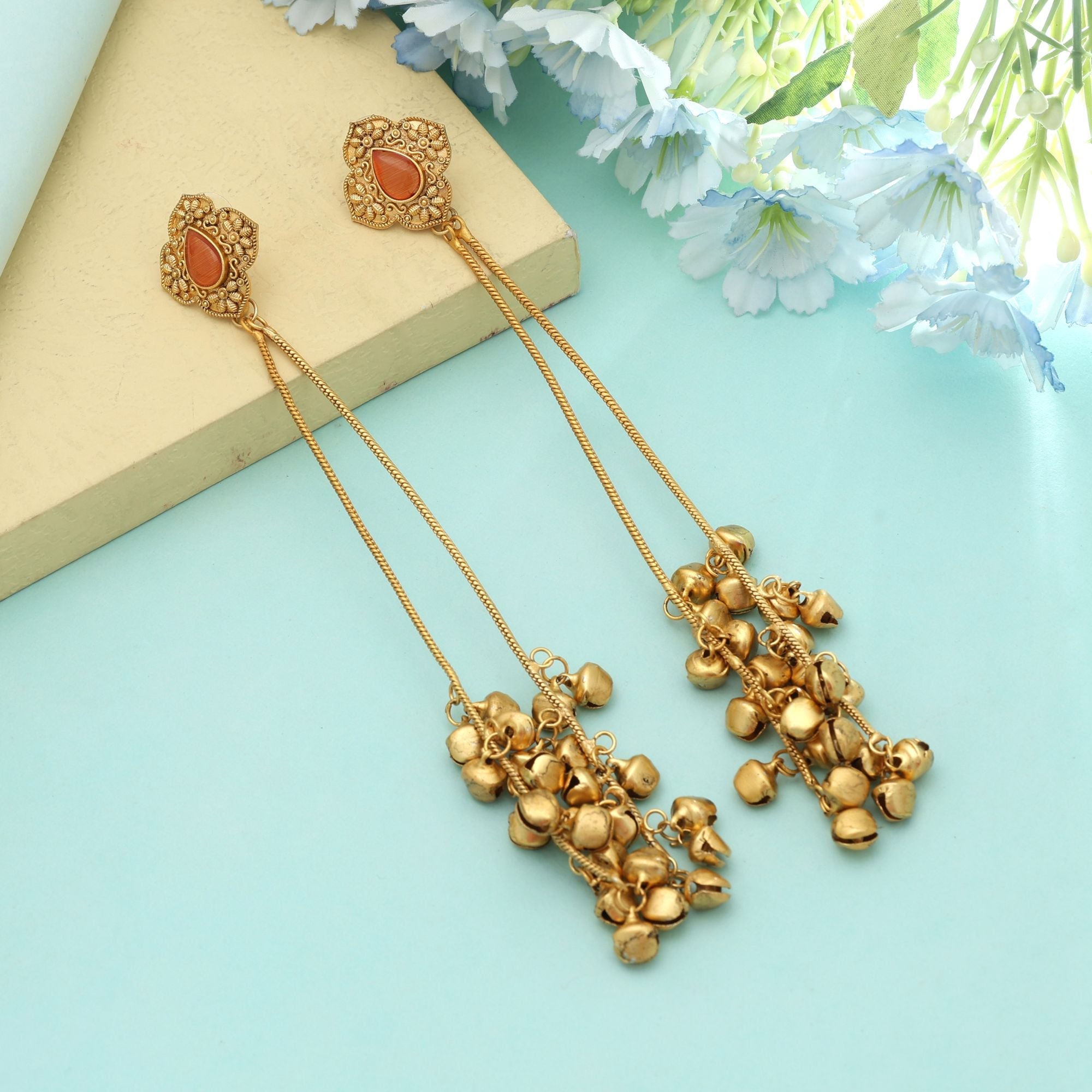 Orange Long Kasmiri Earrings Traditional Style