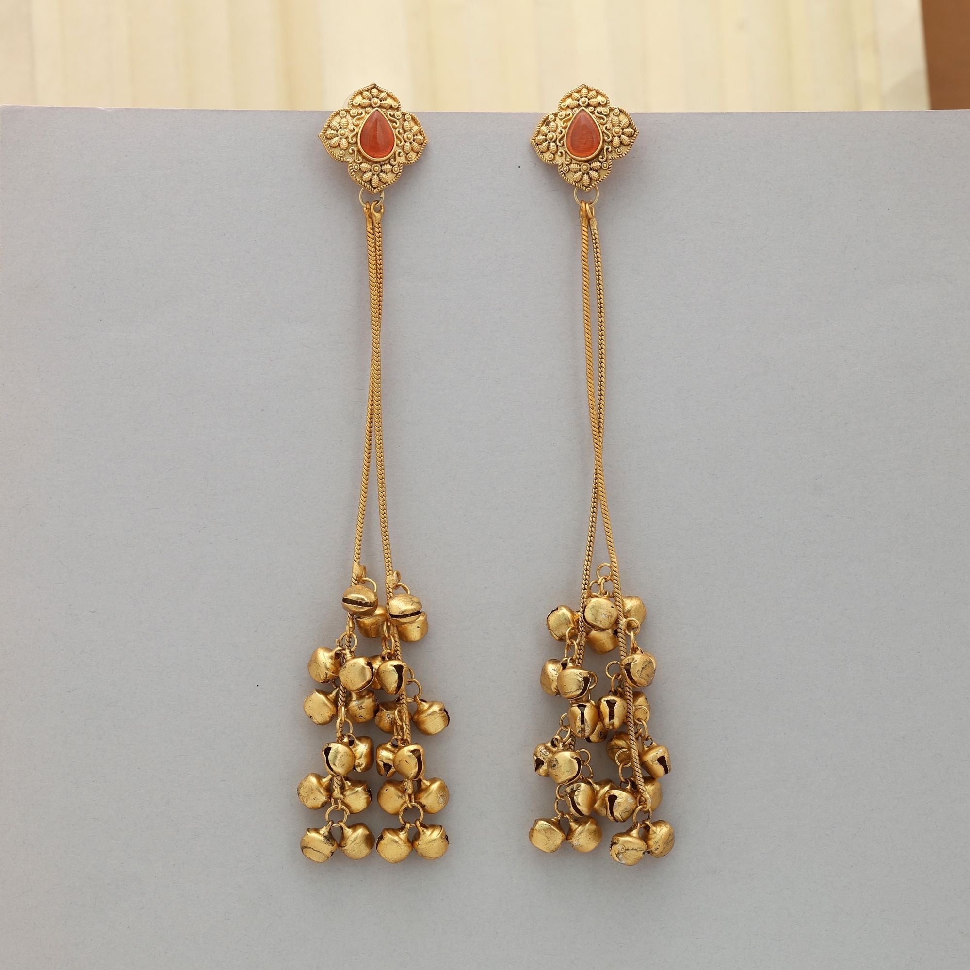Orange Long Kasmiri Earrings Traditional Style