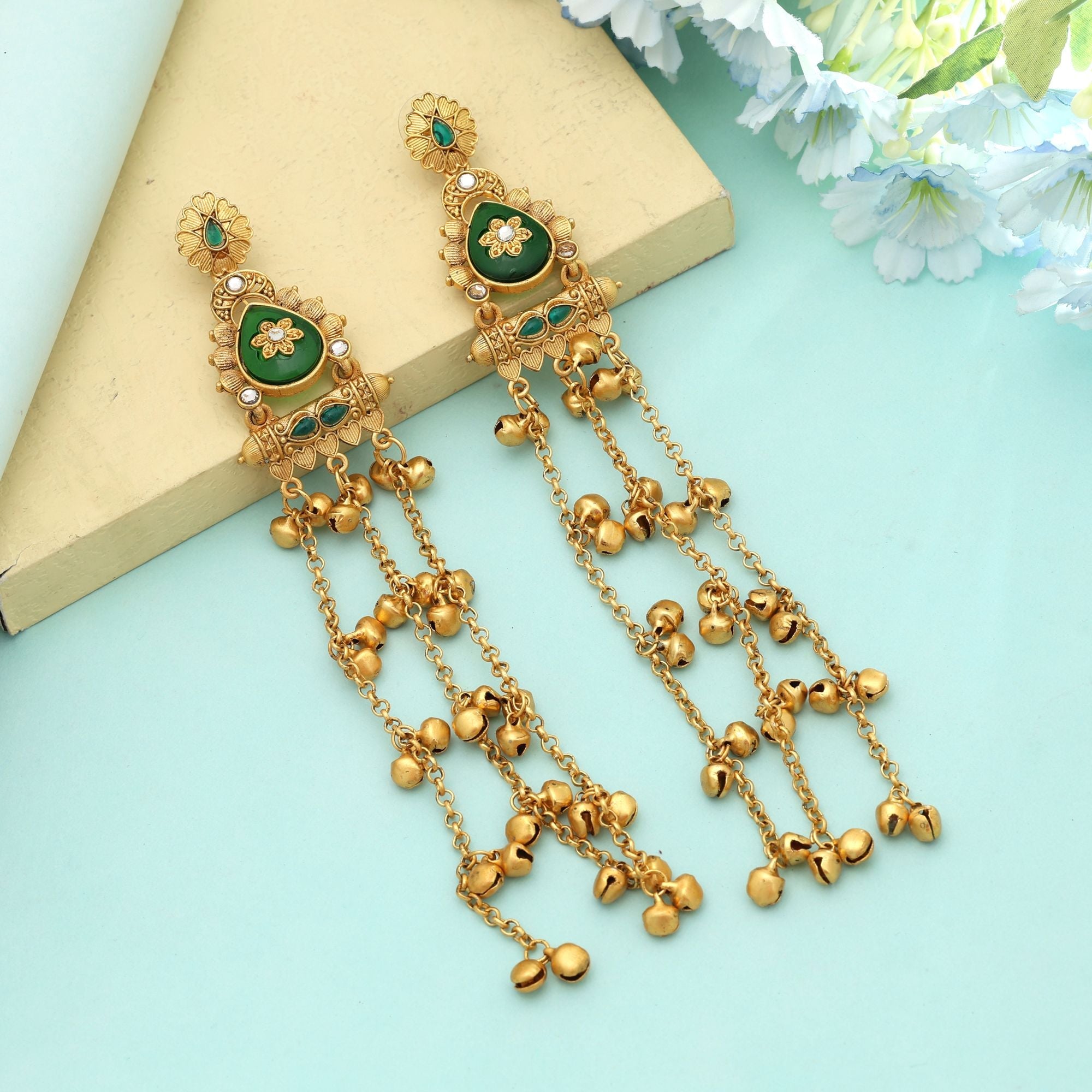 Green Long Kasmiri Earrings Natural Style