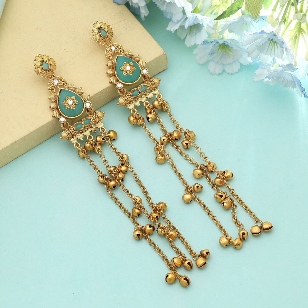 Rama Green Long Kasmiri Earrings Heritage Style
