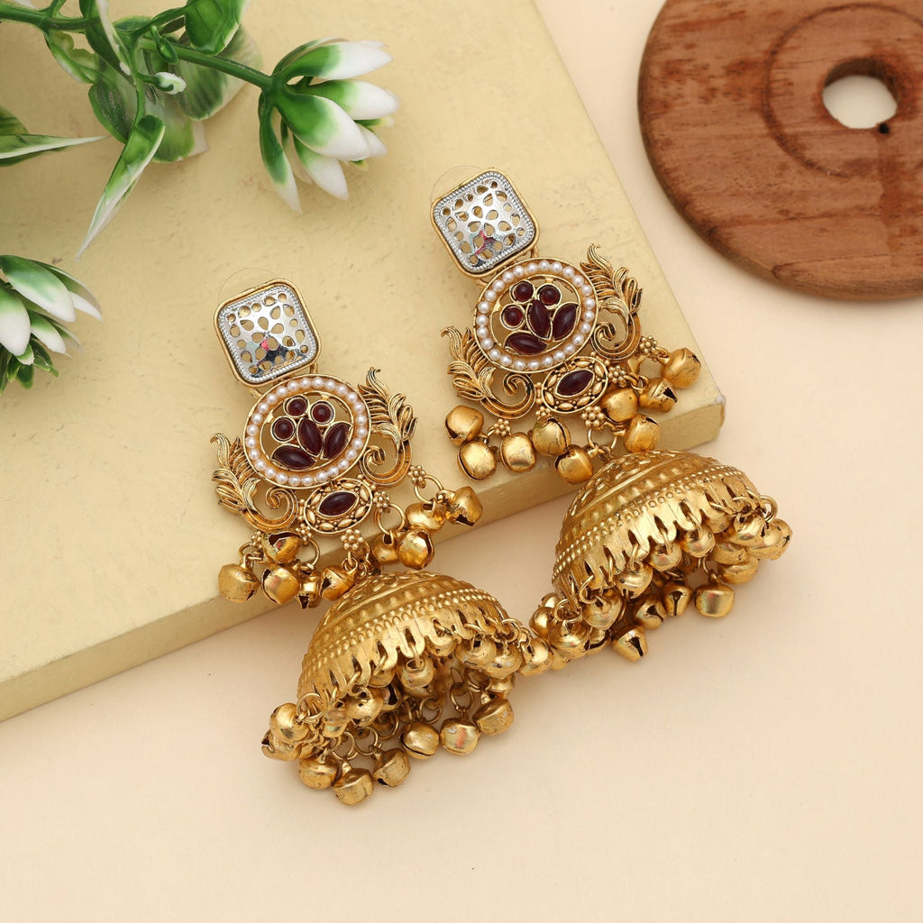 Maroon Jhumka Kasmiri Earrings Traditional Style