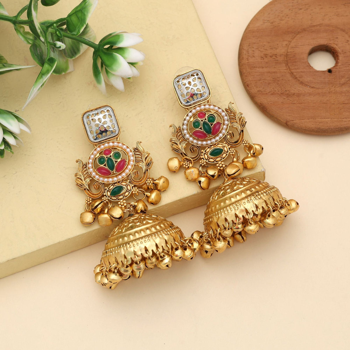 Rani & Green Jhumka Kasmiri Earrings Dual Tone