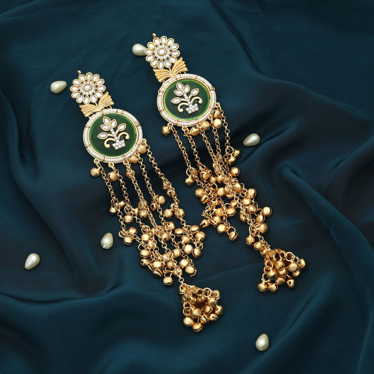 Green Color Long Kasmiri Earrings Ethnic Style