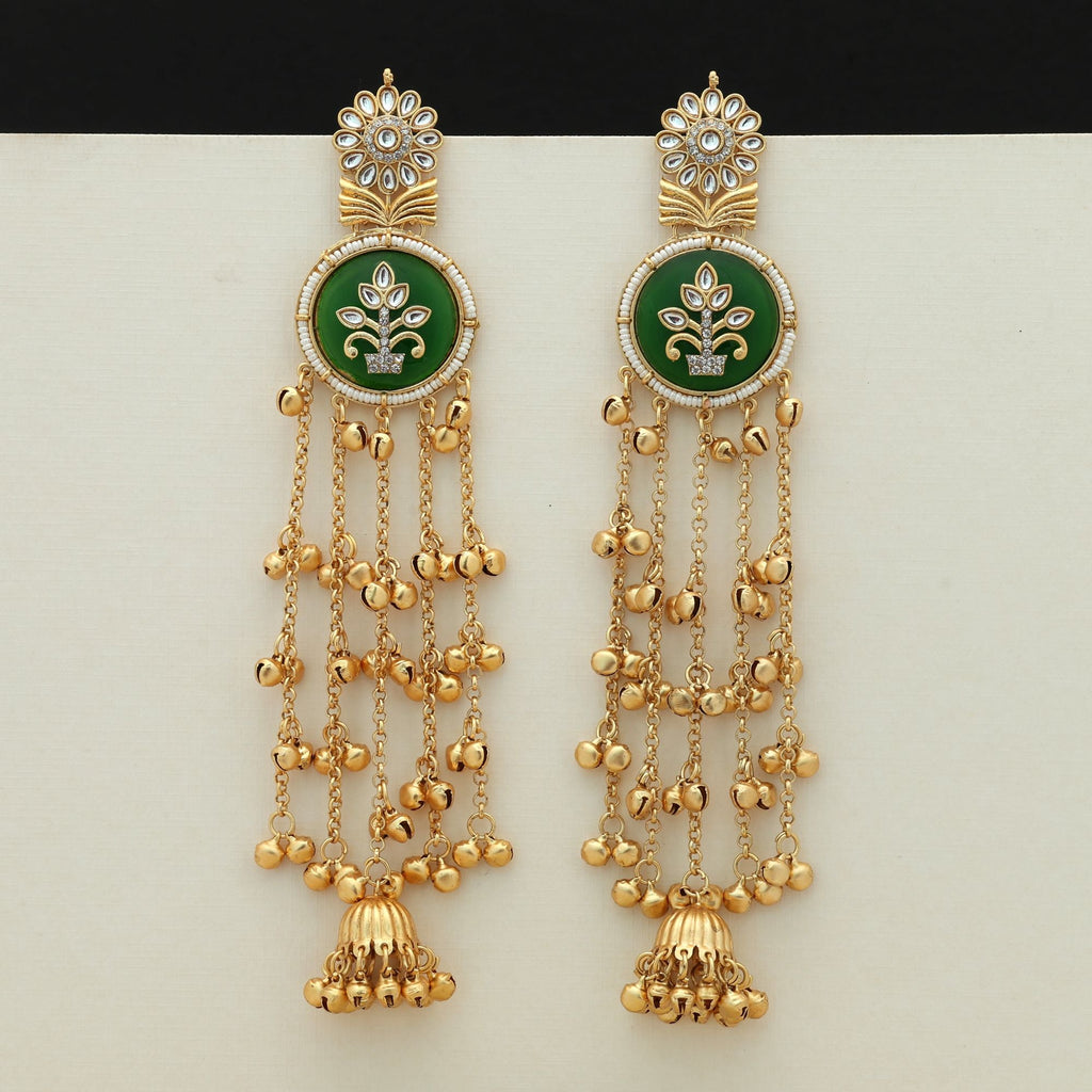 Green Color Long Kasmiri Earrings Ethnic Style