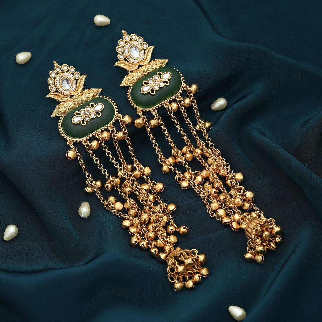 Green Color Long Kasmiri Earrings Cultural Style