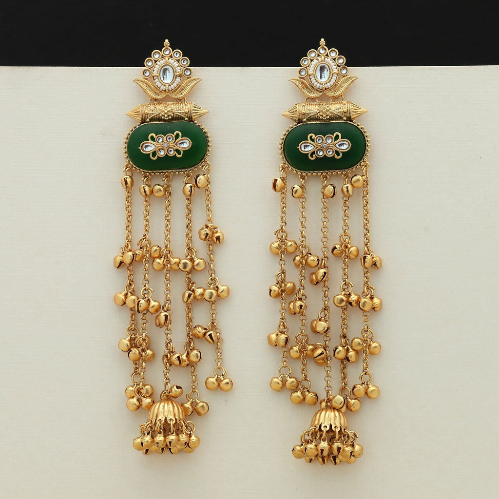 Green Color Long Kasmiri Earrings Cultural Style