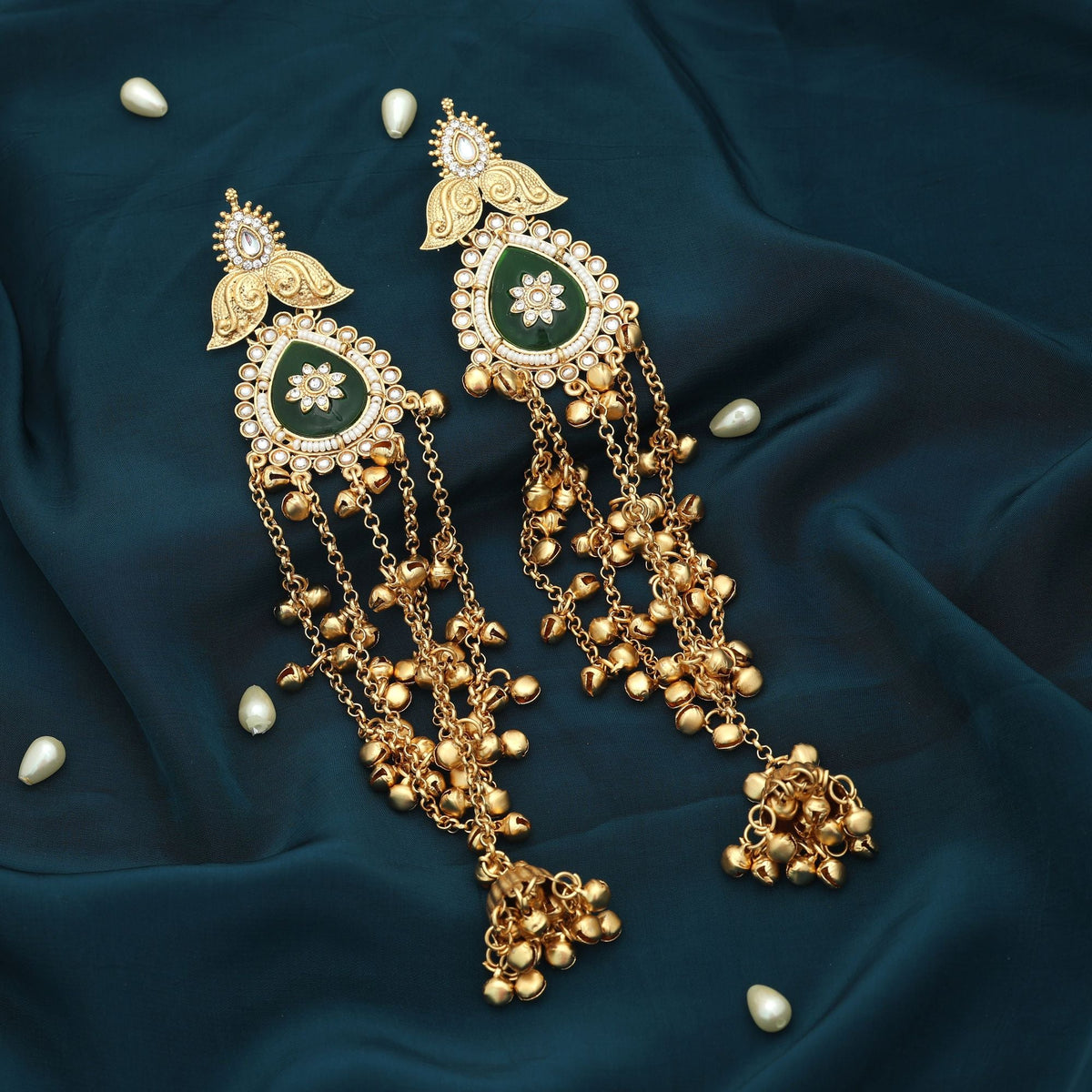 Green Color Long Kasmiri Earrings Festive Style