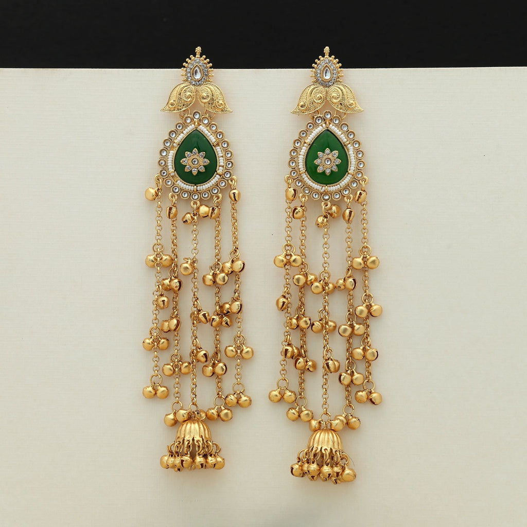 Green Color Long Kasmiri Earrings Festive Style