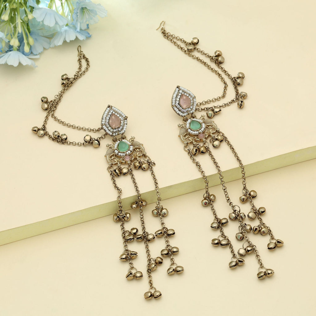 Pink & Pista Green Color Long Kasmiri Earrings Ethnic Style