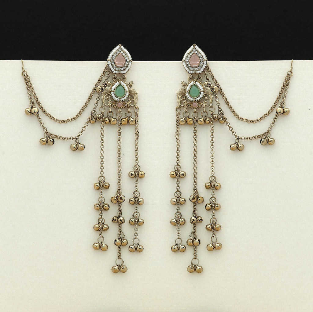 Pink & Pista Green Color Long Kasmiri Earrings Ethnic Style