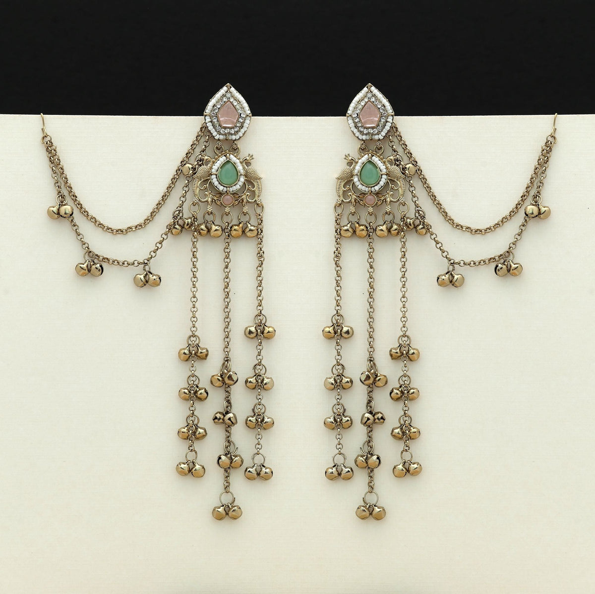 Pink & Pista Green Color Long Kasmiri Earrings Ethnic Style