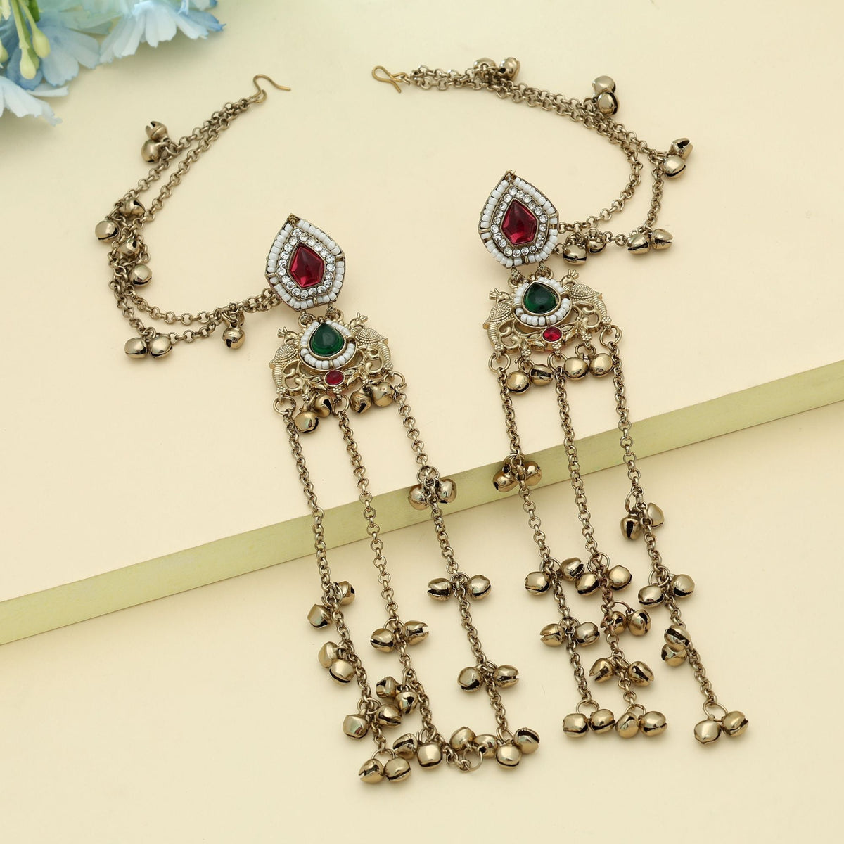 Rani & Green Color Long Kasmiri Earrings Statement Style