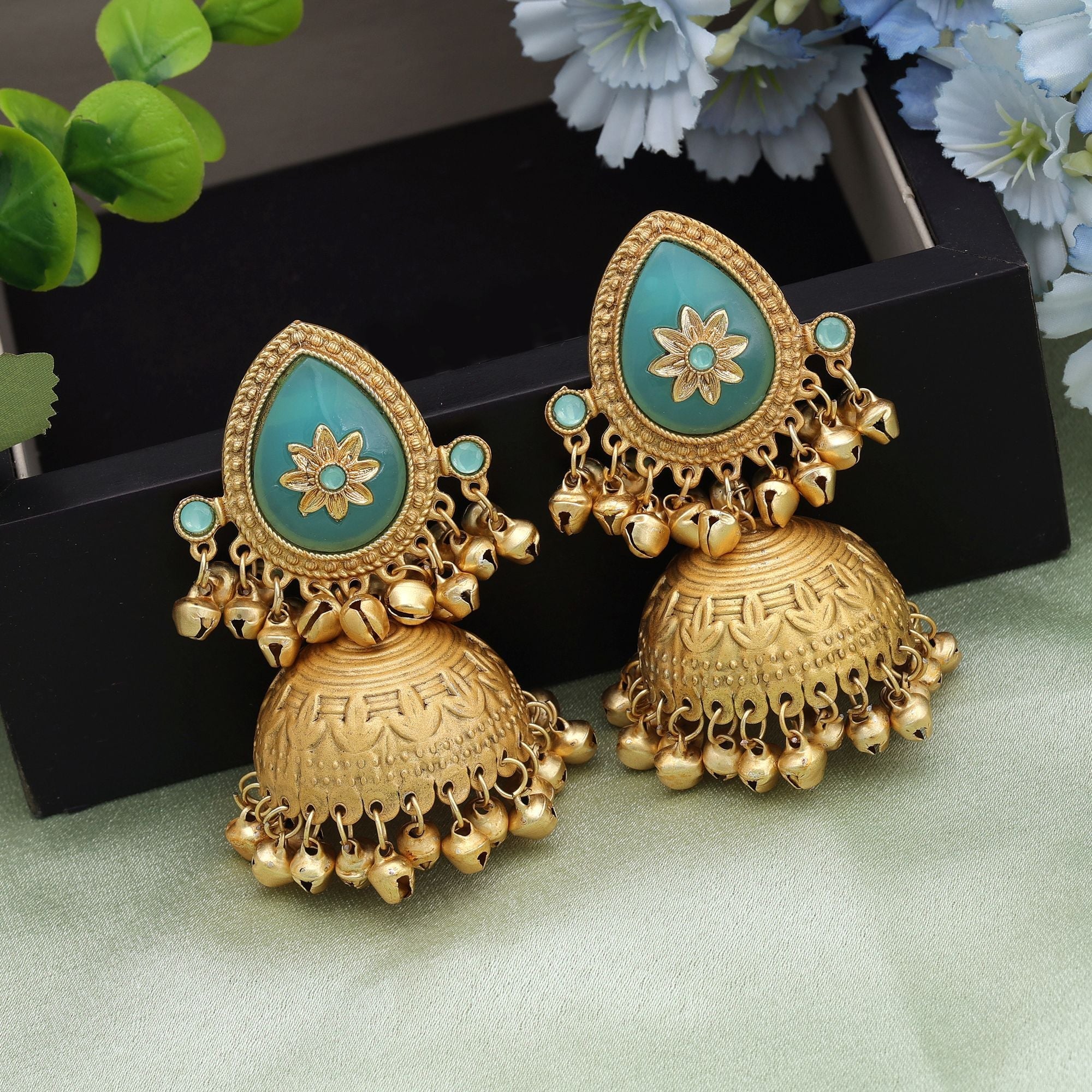 Firozi Color Big Size Jhumka Kasmiri Earrings Designer