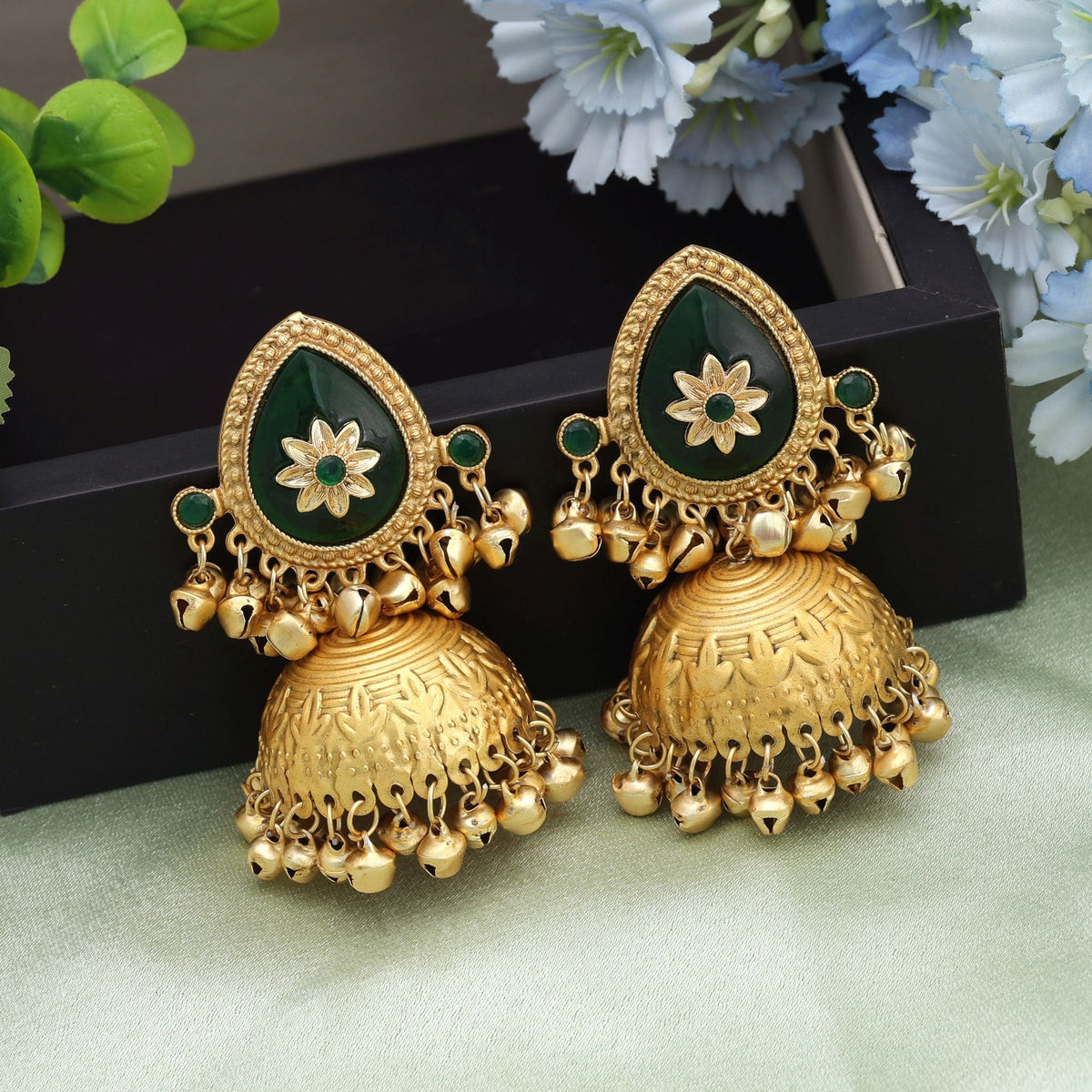Green Color Big Size Jhumka Kasmiri Earrings Elegant