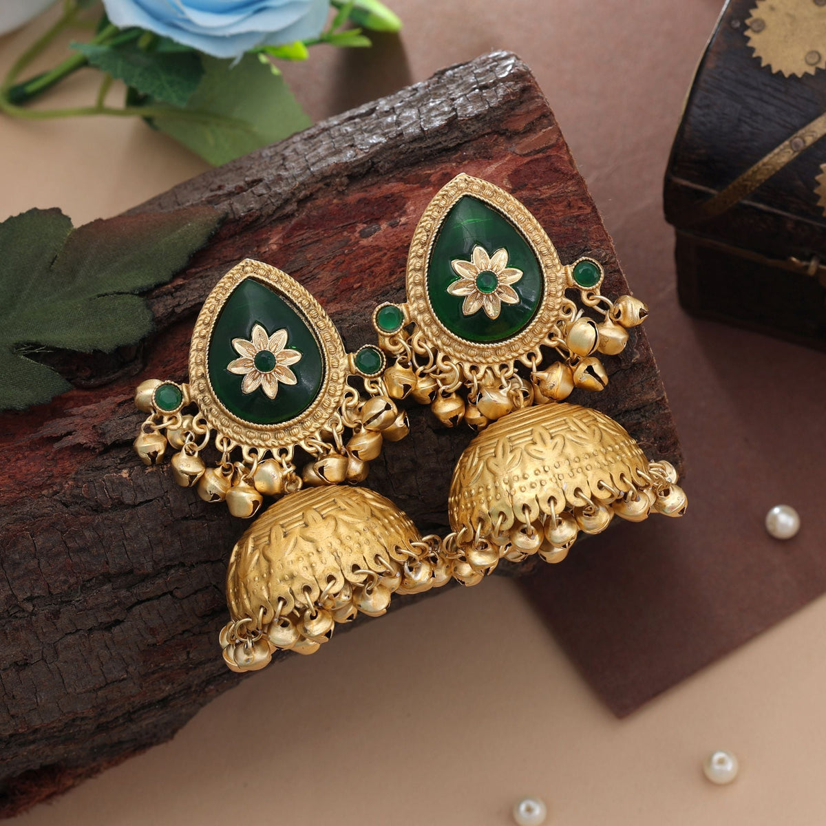 Green Color Big Size Jhumka Kasmiri Earrings Elegant