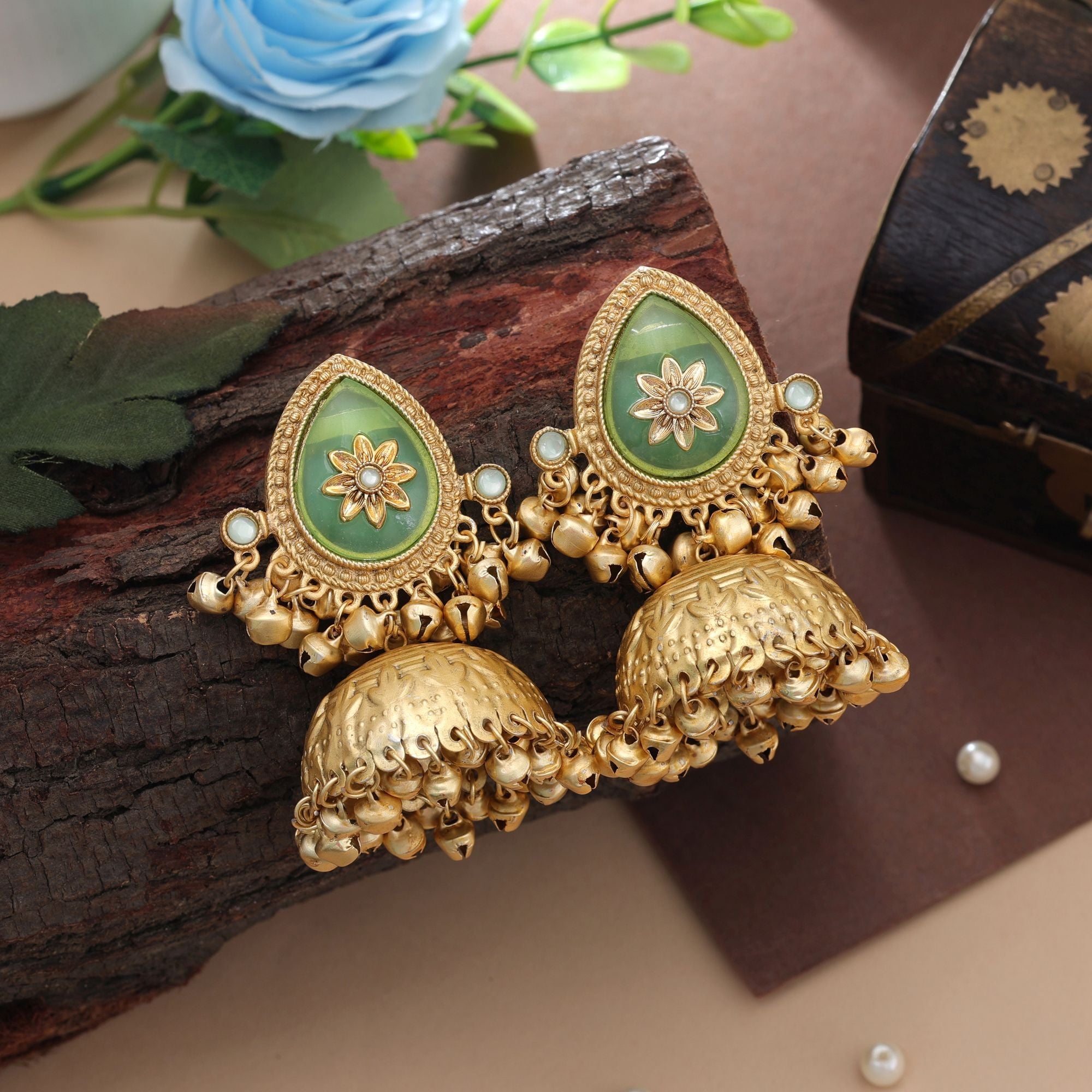 Pista Green Color Big Size Jhumka Kasmiri Earrings Ethnic