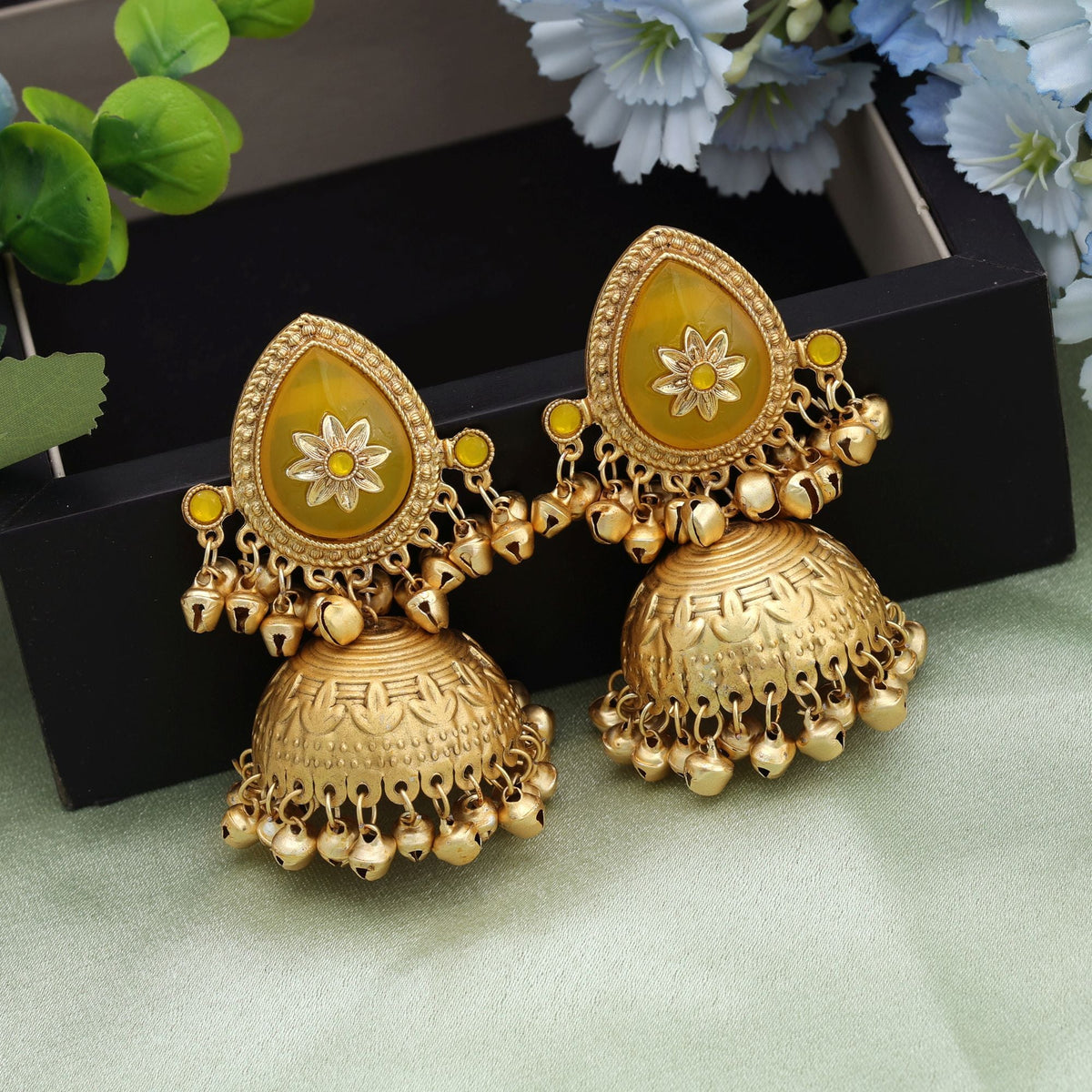 Yellow Color Big Size Jhumka Kasmiri Earrings Party Wear