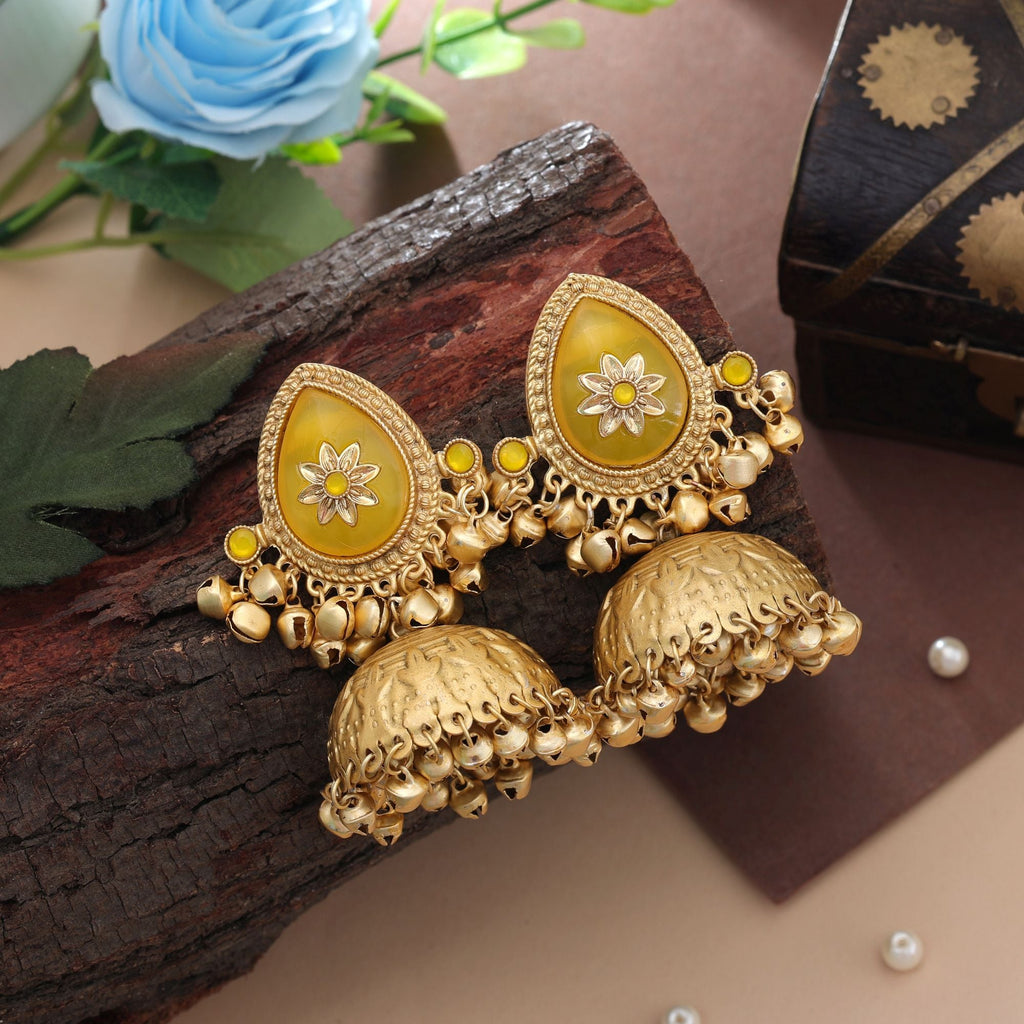 Yellow Color Big Size Jhumka Kasmiri Earrings Party Wear