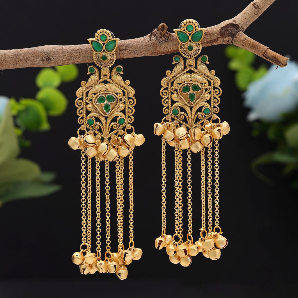 Green Color Long Kasmiri Earrings Traditional Ethnic Design