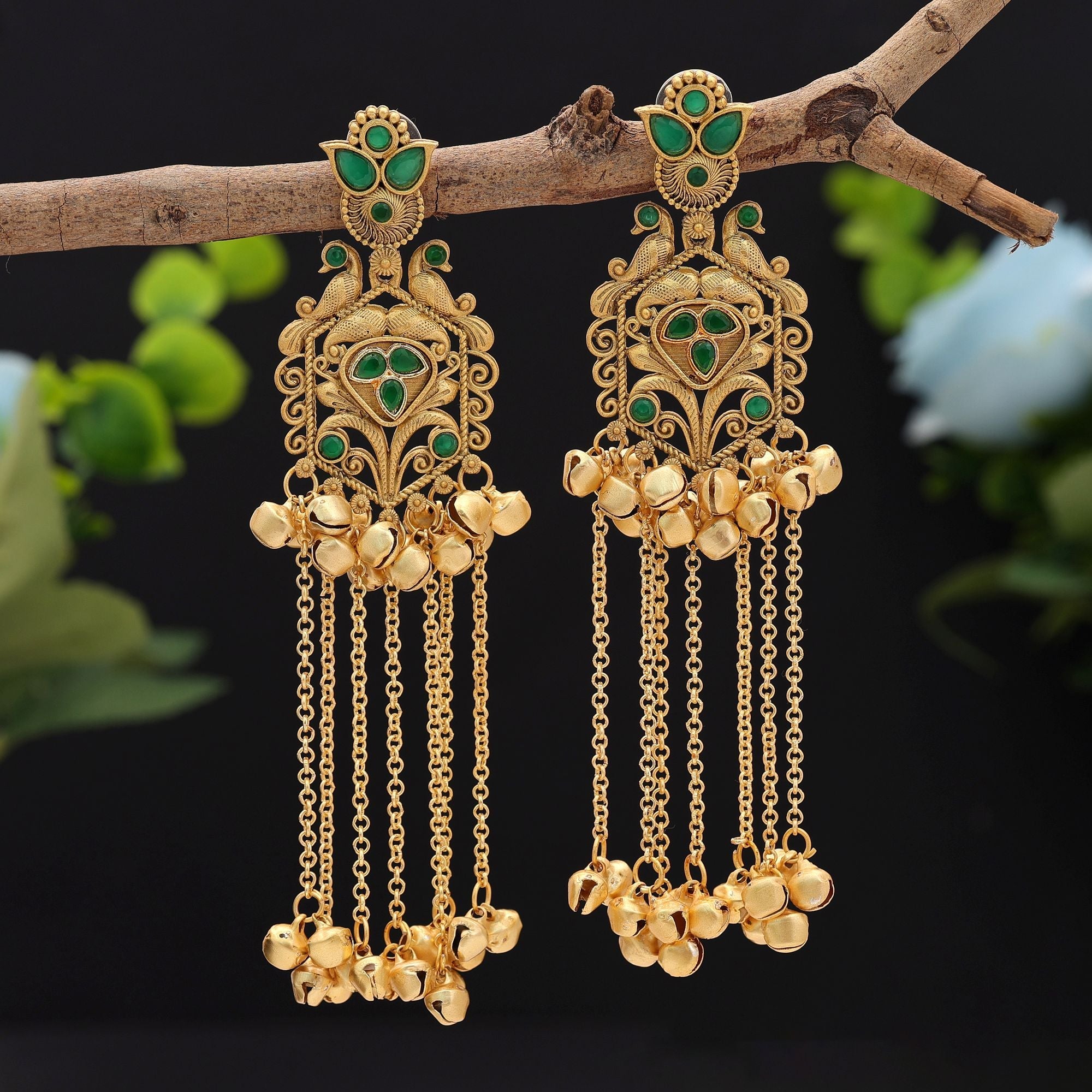 Green Color Long Kasmiri Earrings Traditional Ethnic Design