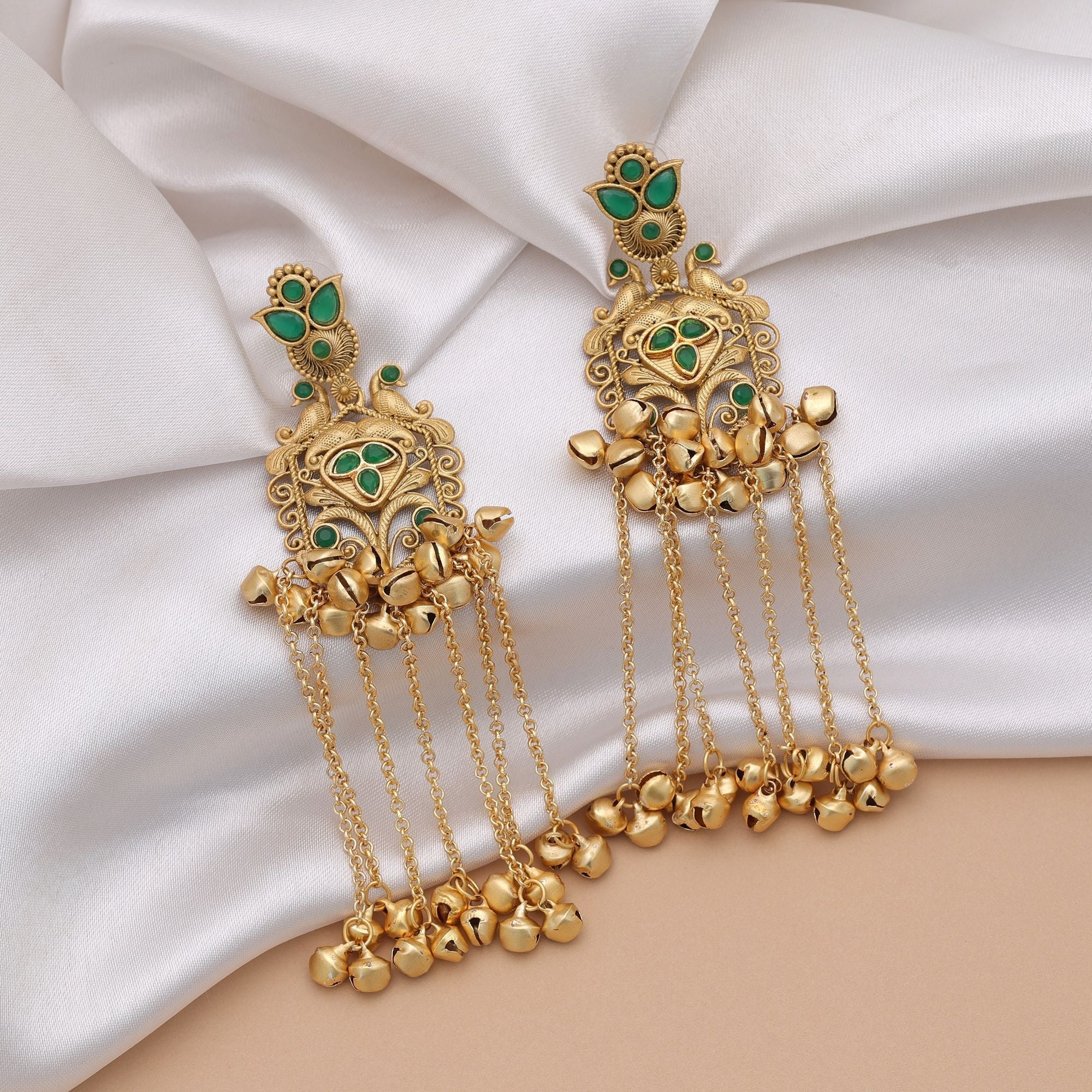 Green Color Long Kasmiri Earrings Traditional Ethnic Design