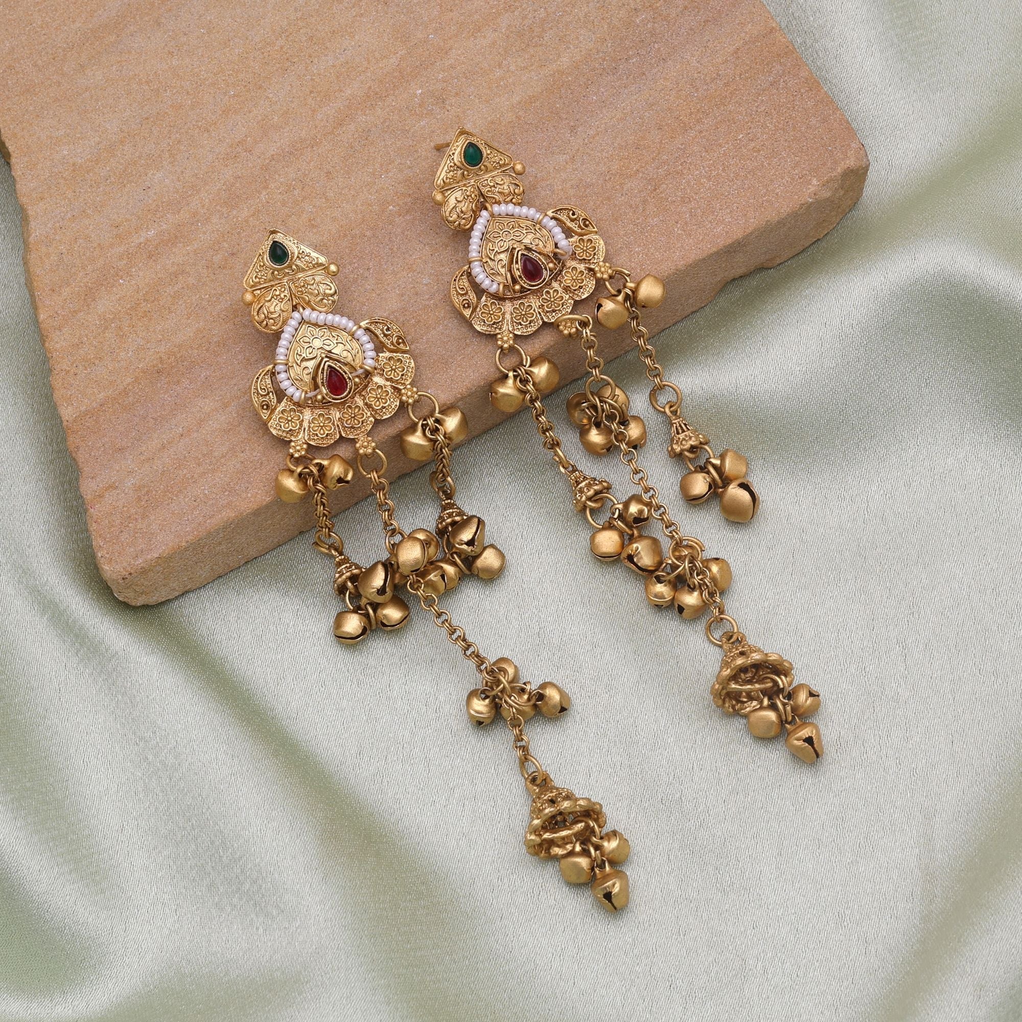 Rani & Green Color Long Kasmiri Earrings