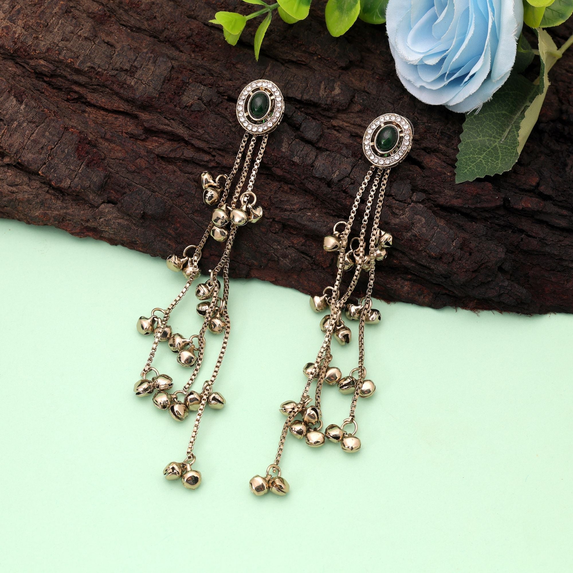 Green Color Long Kasmiri Earrings with Traditional Style