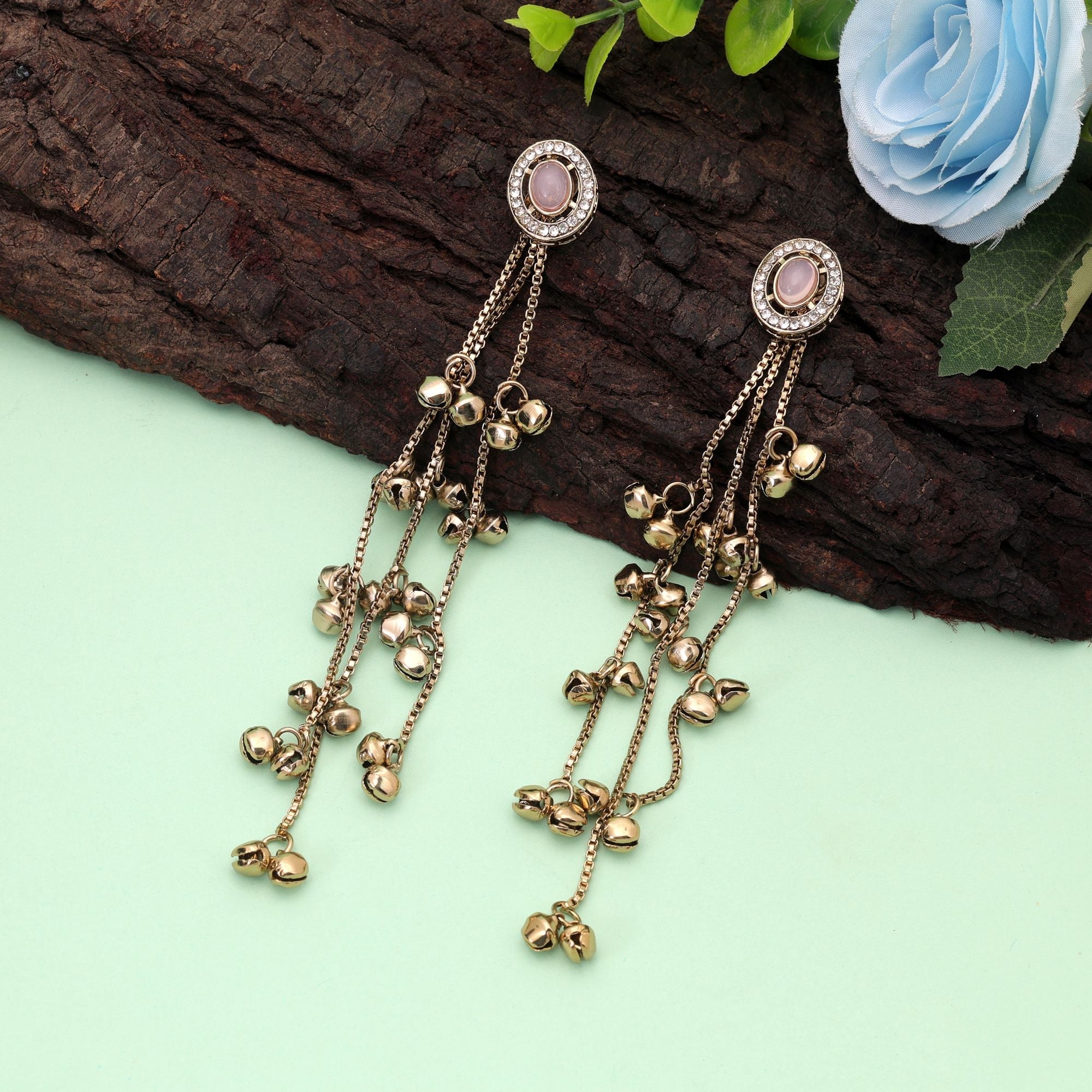 Light Pink Stone Long Kasmiri Earrings with Designer Look