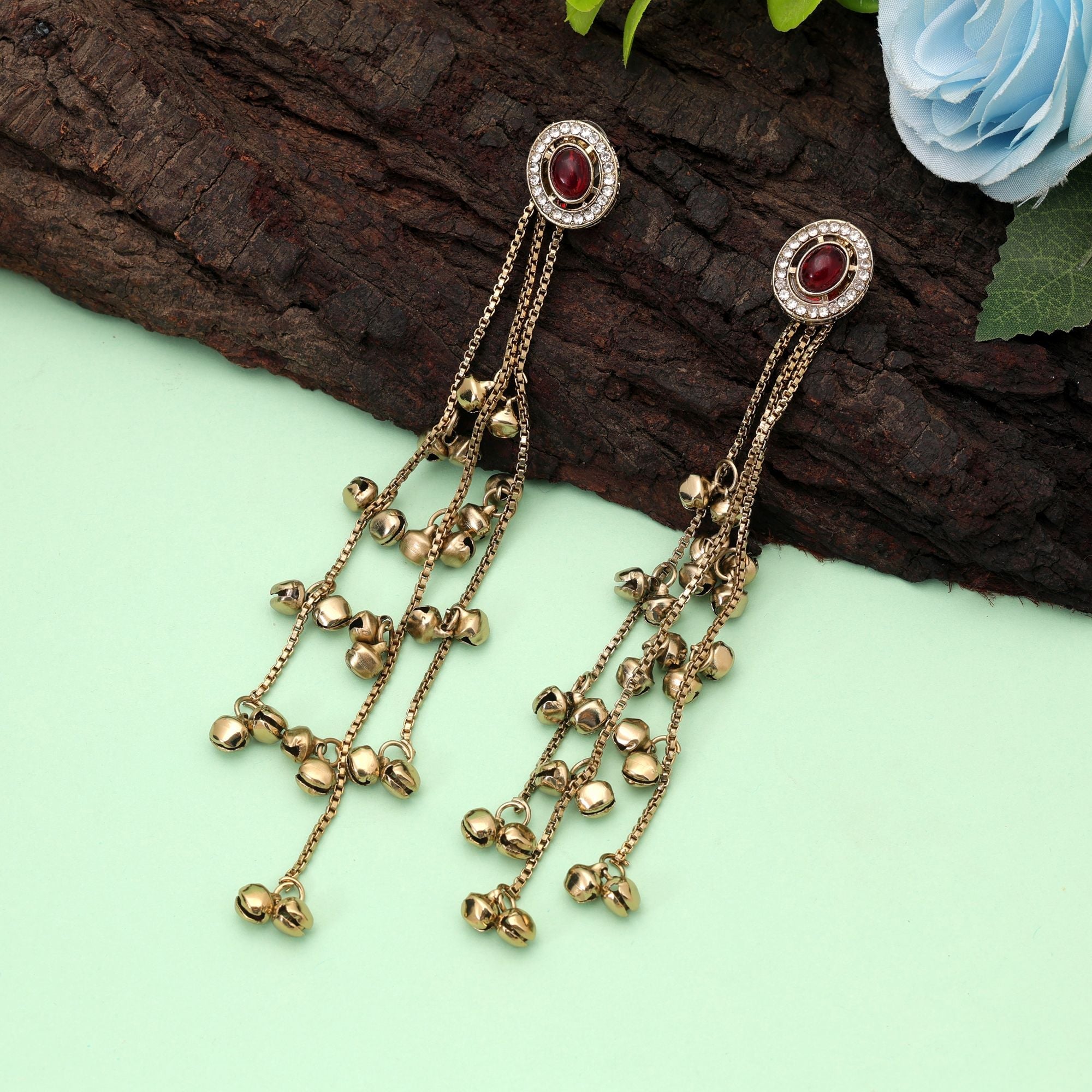 Red Color Long Kasmiri Earrings with Ethnic Fashion Style