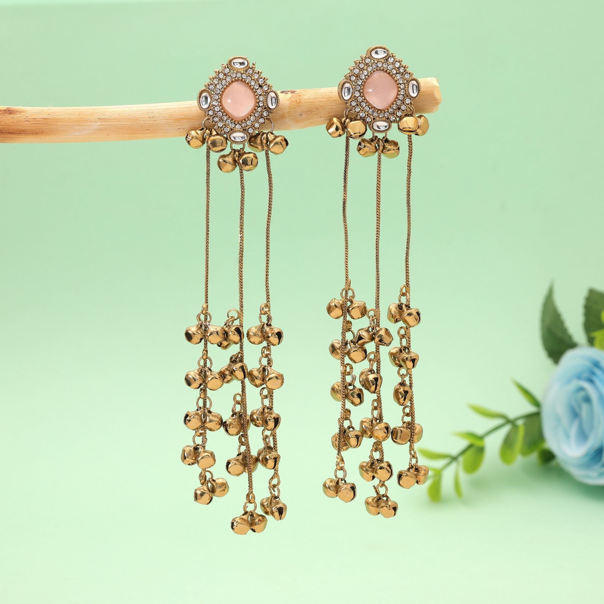 Light Pink Color Long Kasmiri Earrings with Ethnic Design