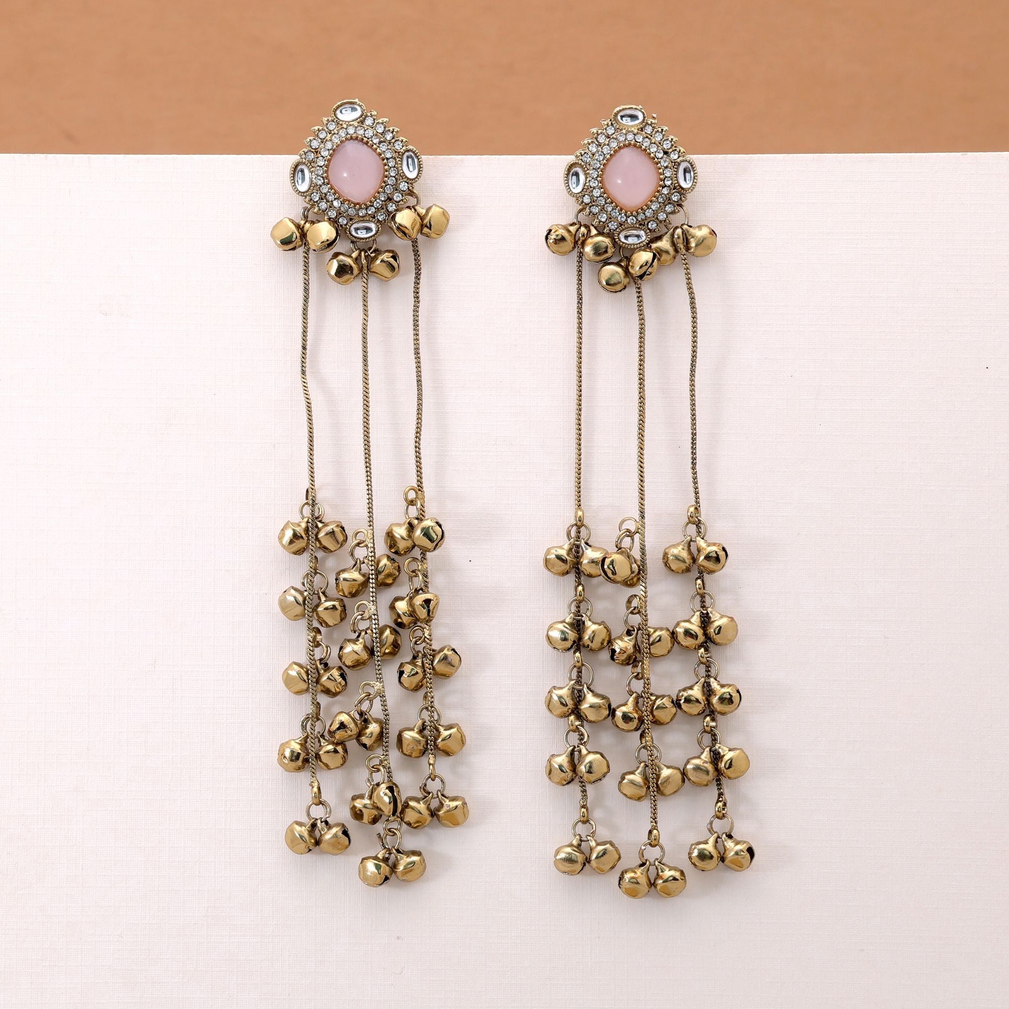 Light Pink Color Long Kasmiri Earrings with Ethnic Design