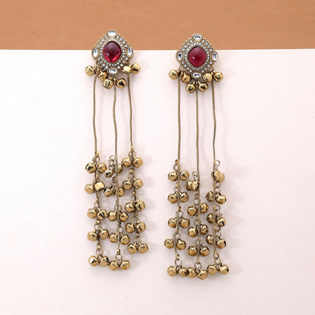 Red Color Long Kasmiri Earrings with Festive Design