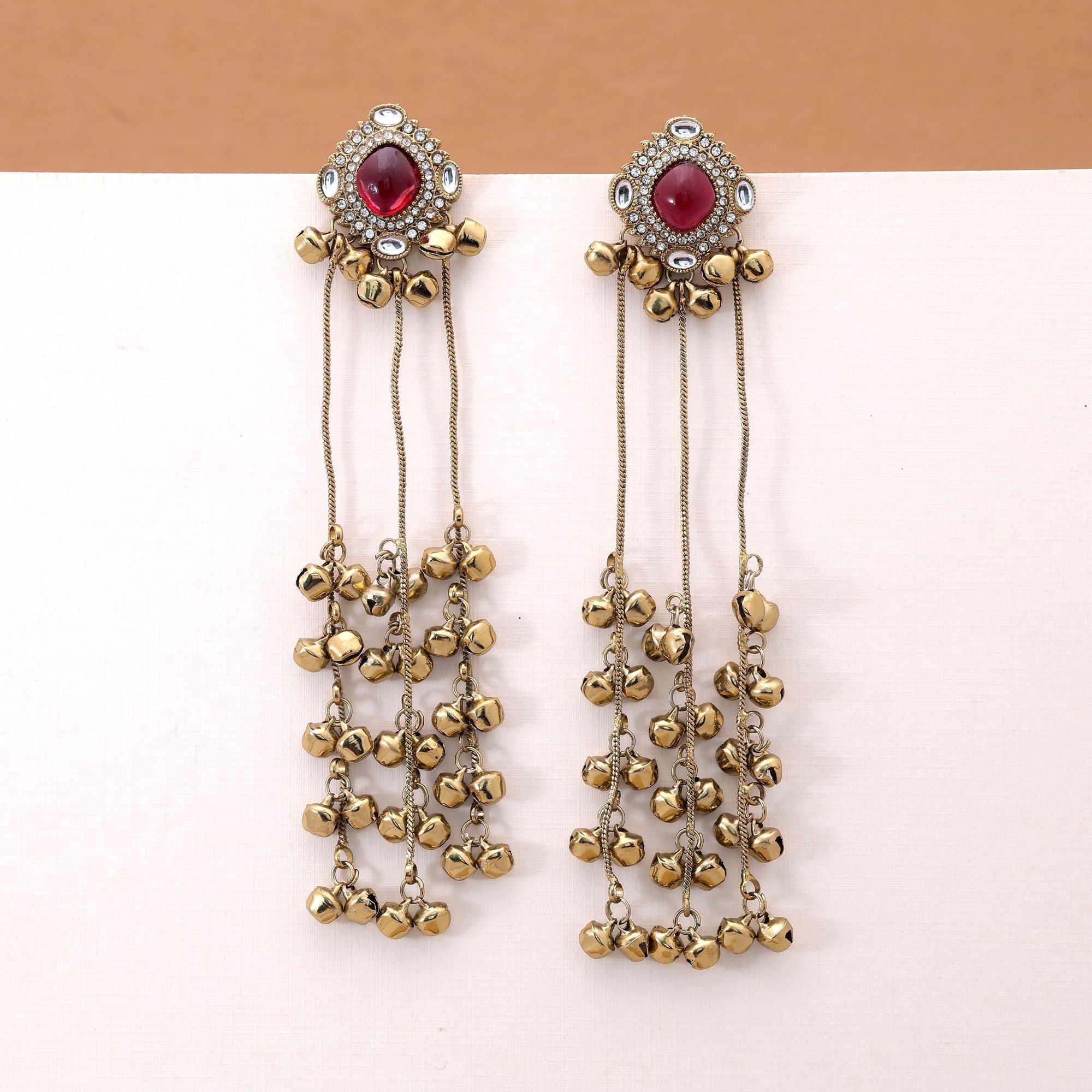 Red Color Long Kasmiri Earrings with Festive Design