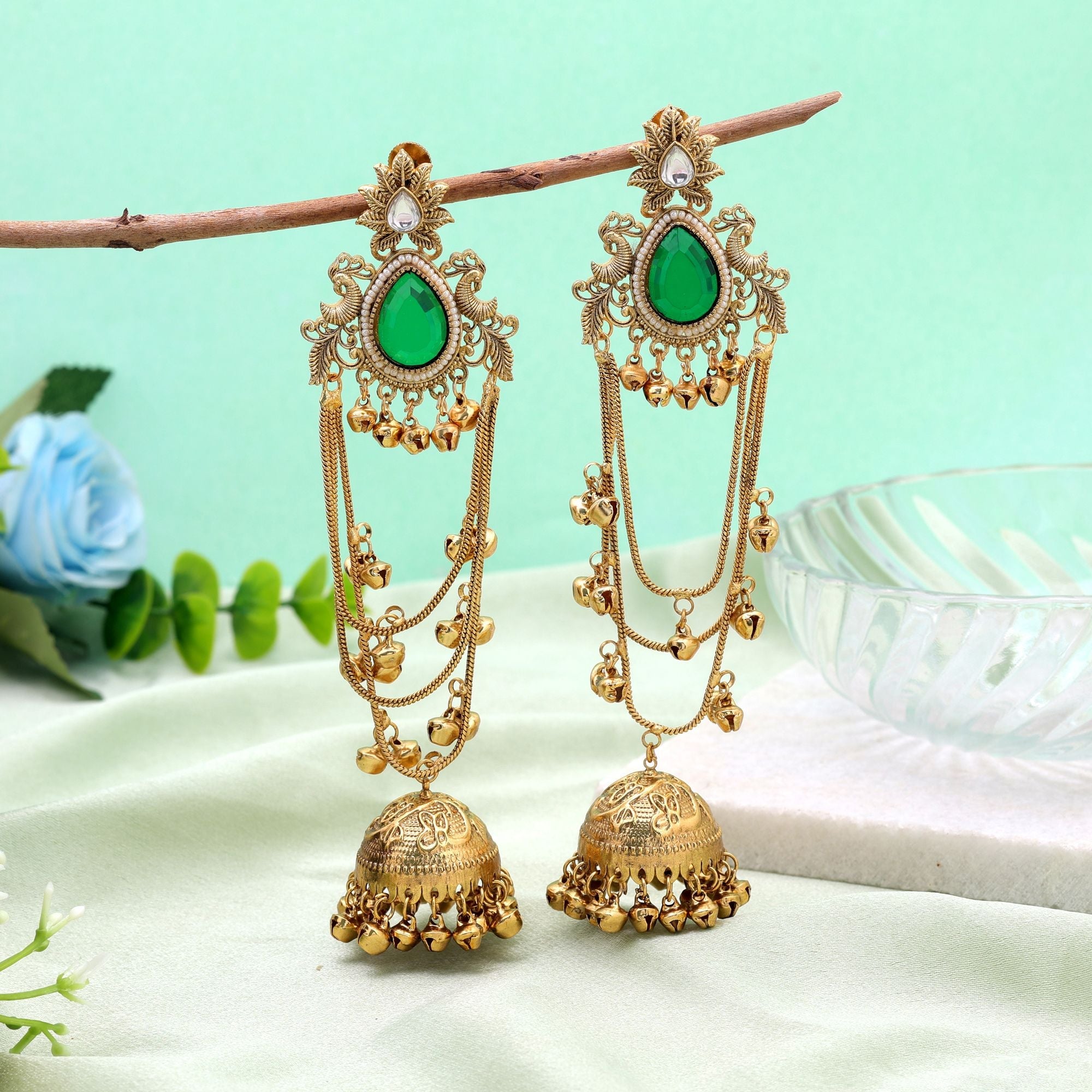 Green Color Long Kasmiri Earrings with Handmade Fashion Style