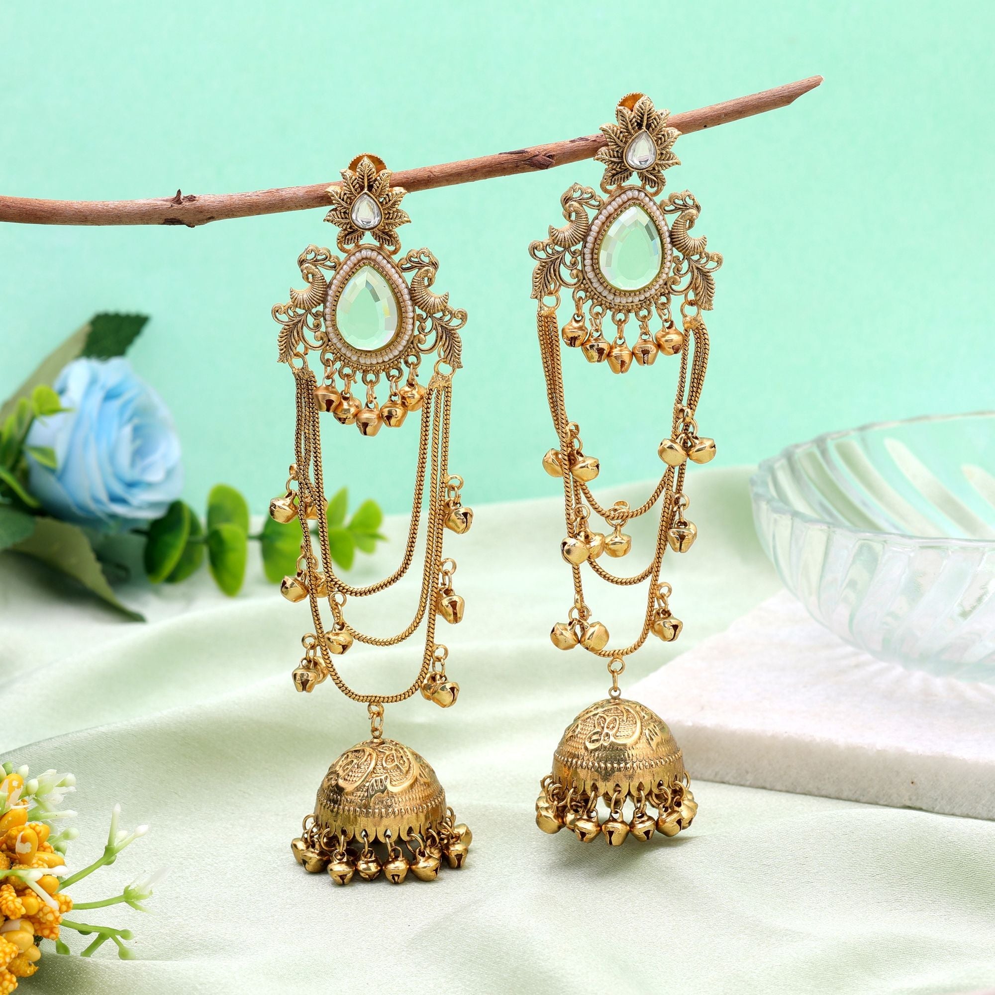 Yellowish Green Long Kasmiri Earrings with Handmade Design