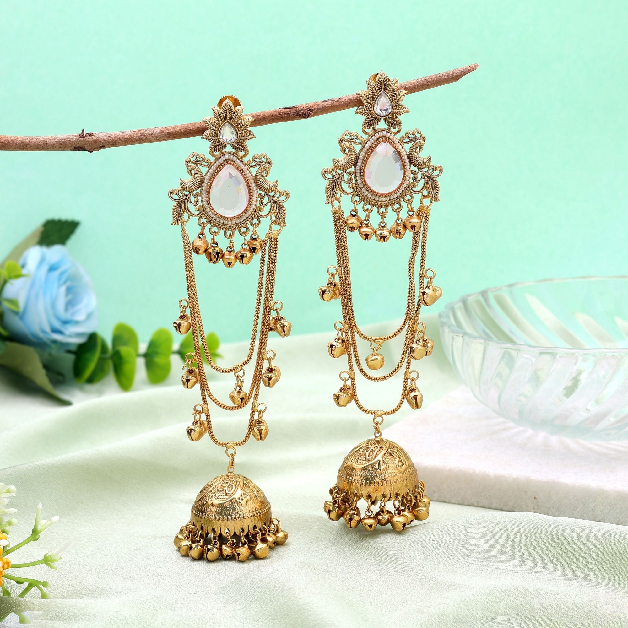 Light Pink Color Long Kasmiri Earrings with Traditional Style