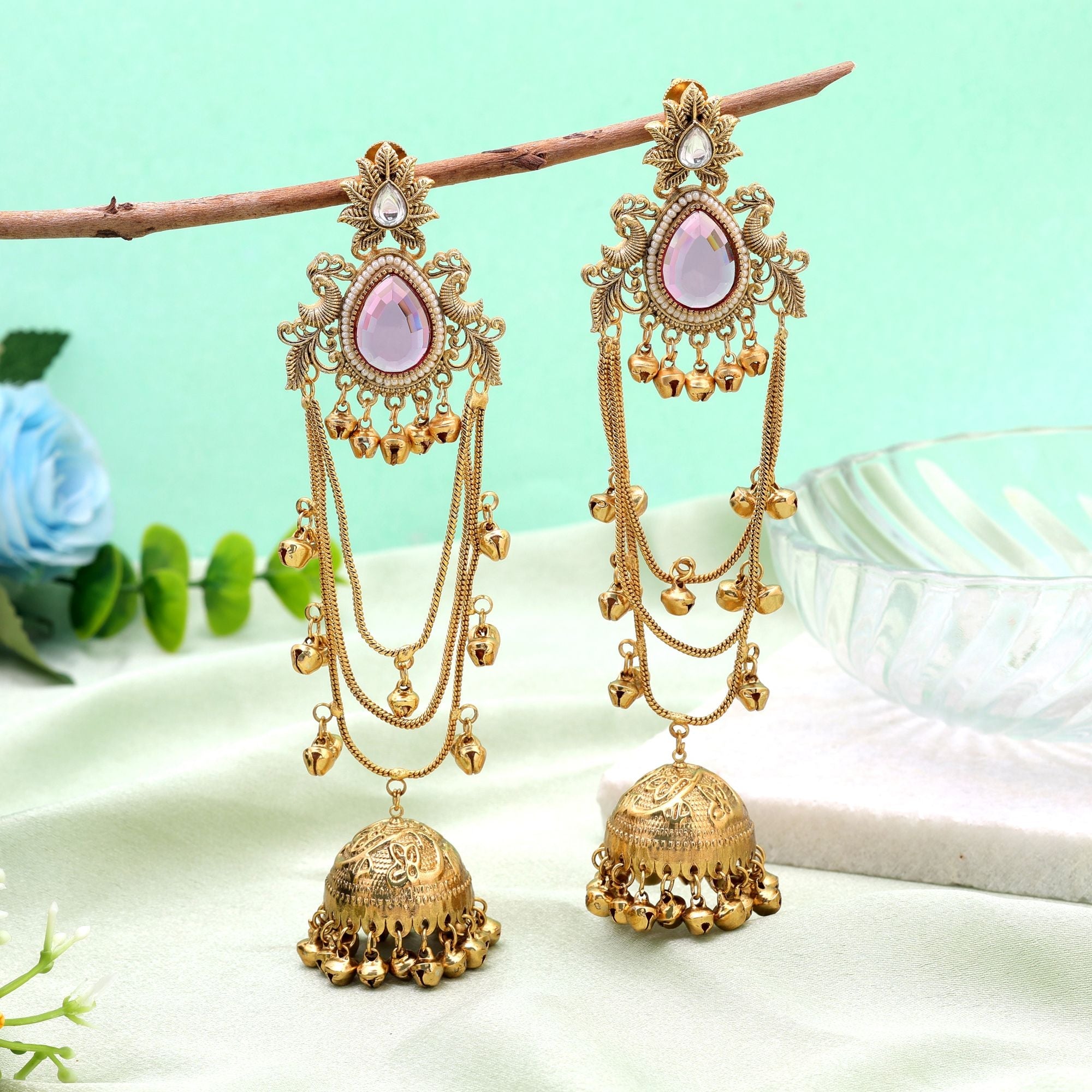 Pink Color Long Kasmiri Earrings with Ethnic Fashion Style