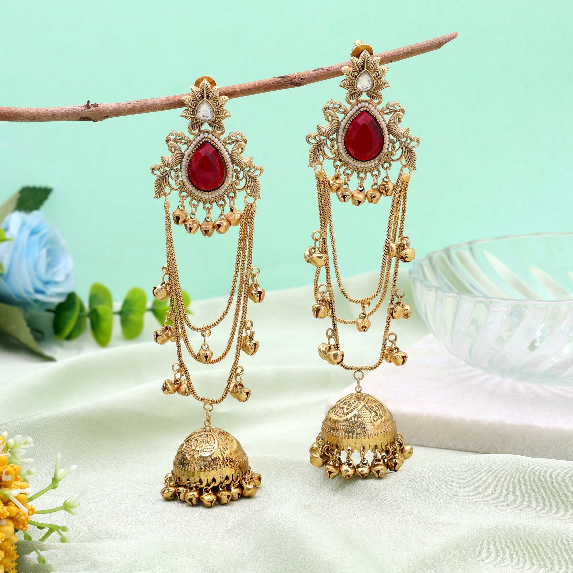 Red Color Long Kasmiri Earrings with Handmade Style
