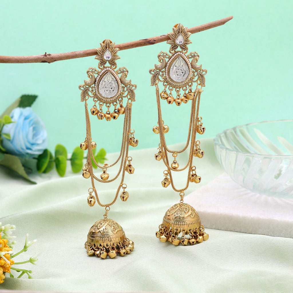 Silver & Gold Color Long Kasmiri Earrings with Ethnic Style