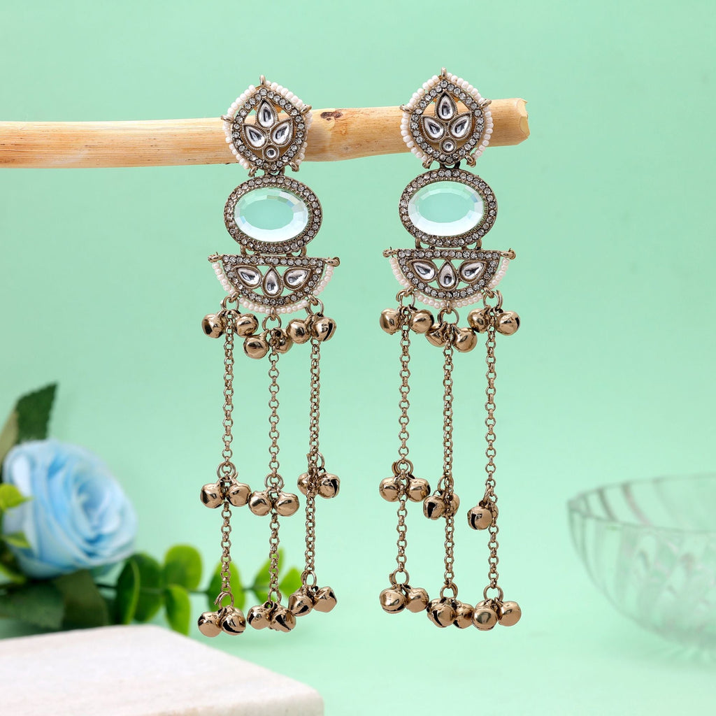 Aqua Blue Color Long Kasmiri Earrings with Traditional Style