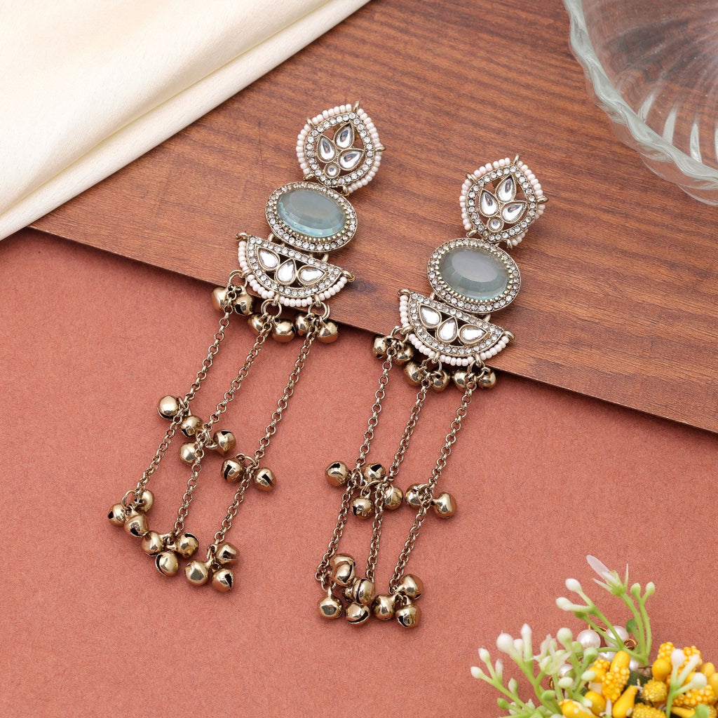 Aqua Blue Color Long Kasmiri Earrings with Traditional Style